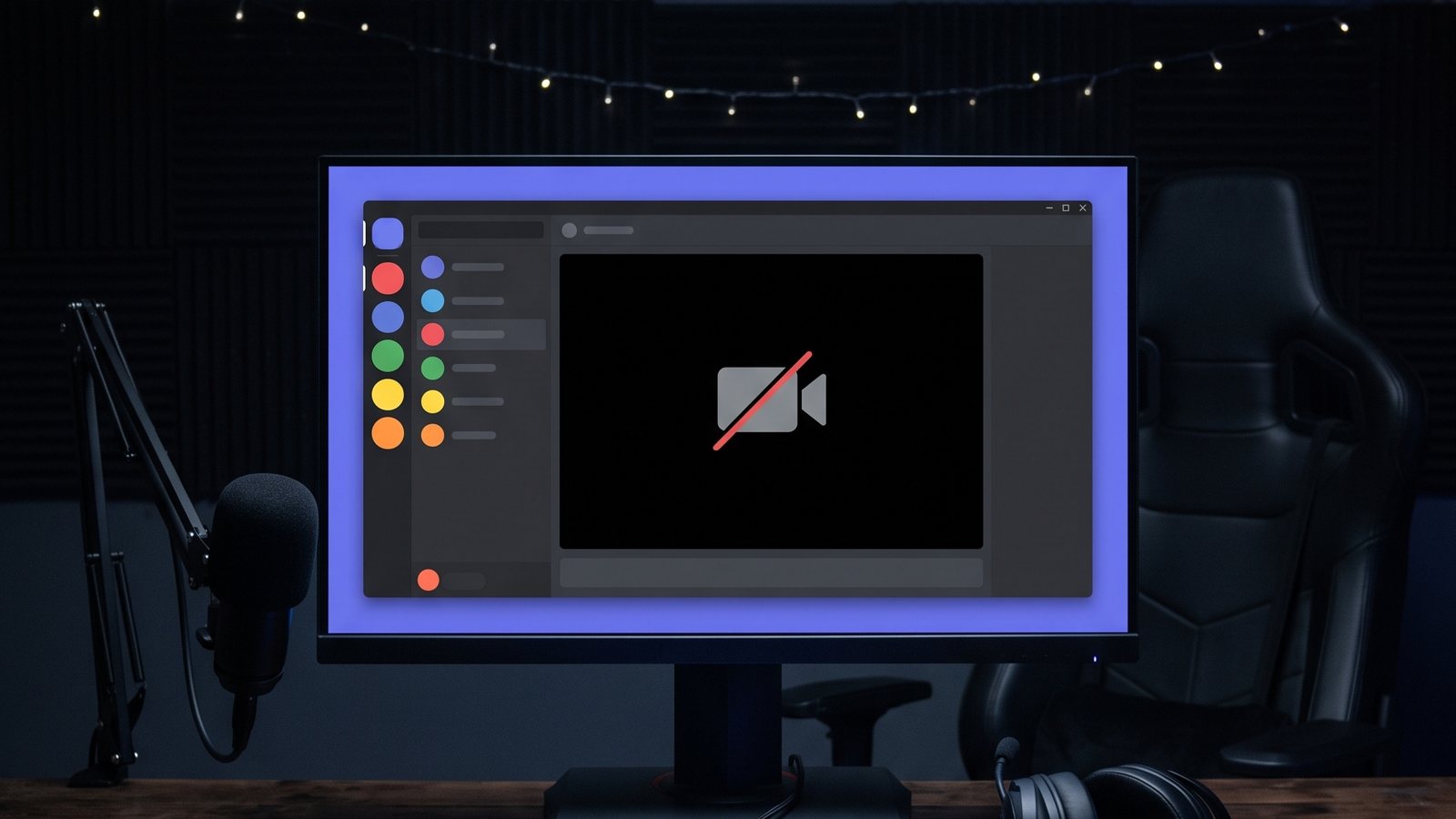 Mesa de jogos à noite com um monitor mostrando um aplicativo de conversa e um painel de vídeo preto com o ícone de câmera cortada