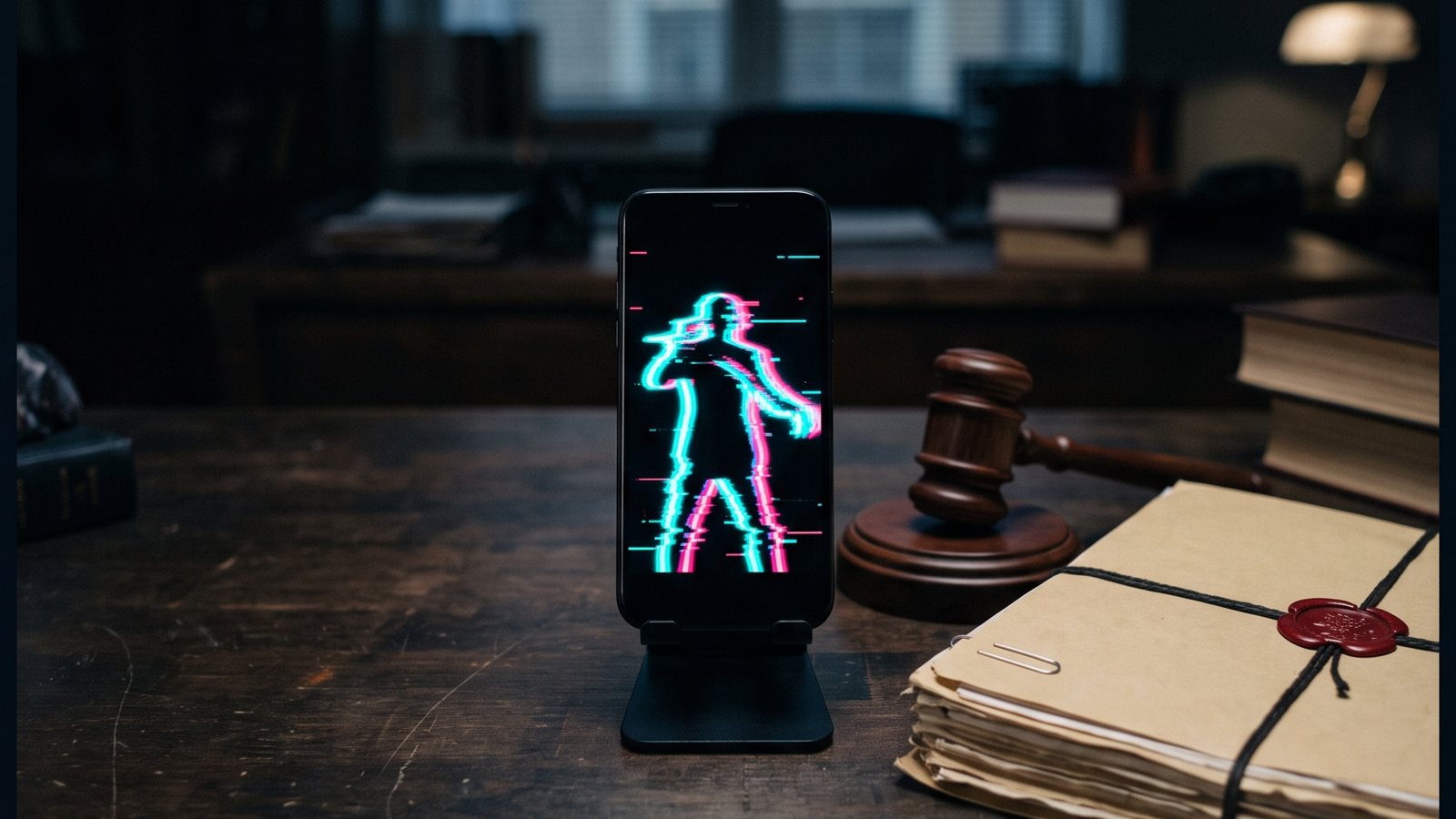 Celular em pé numa mesa escura com um vídeo de contornos azuis e rosa, ao lado de um martelo de juiz e de uma pasta de documentos lacrada