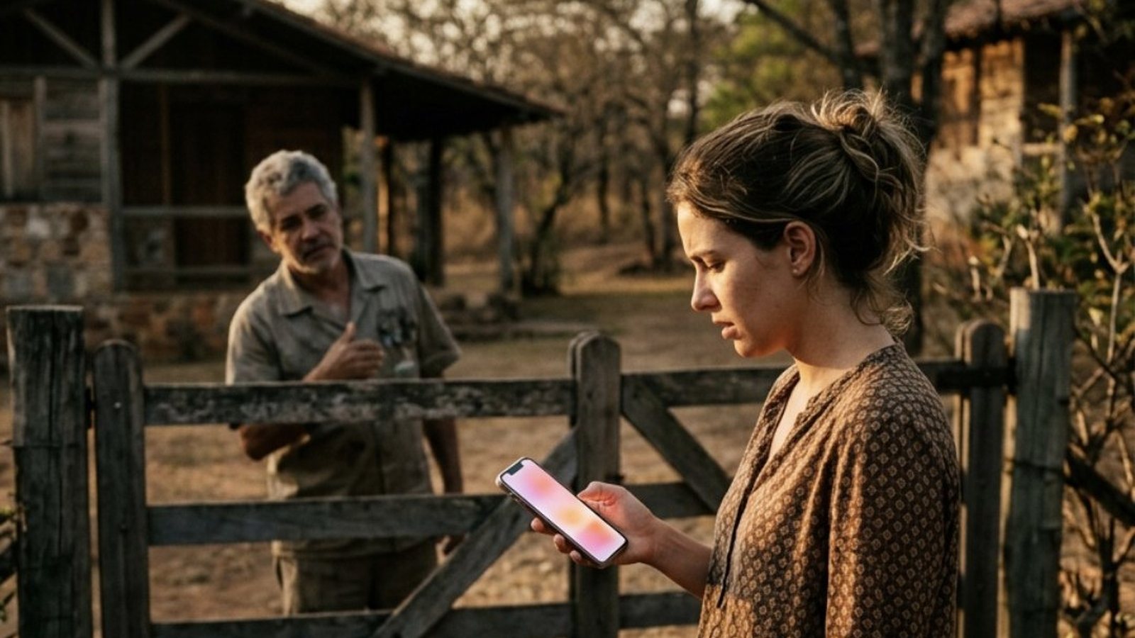 Mulher de quase trinta anos parada com uma mala pequena no portão de madeira de um chalé rústico no cerrado, no fim da tarde, olhando desanimada para o celular enquanto um atendente ao fundo faz que não com a cabeça