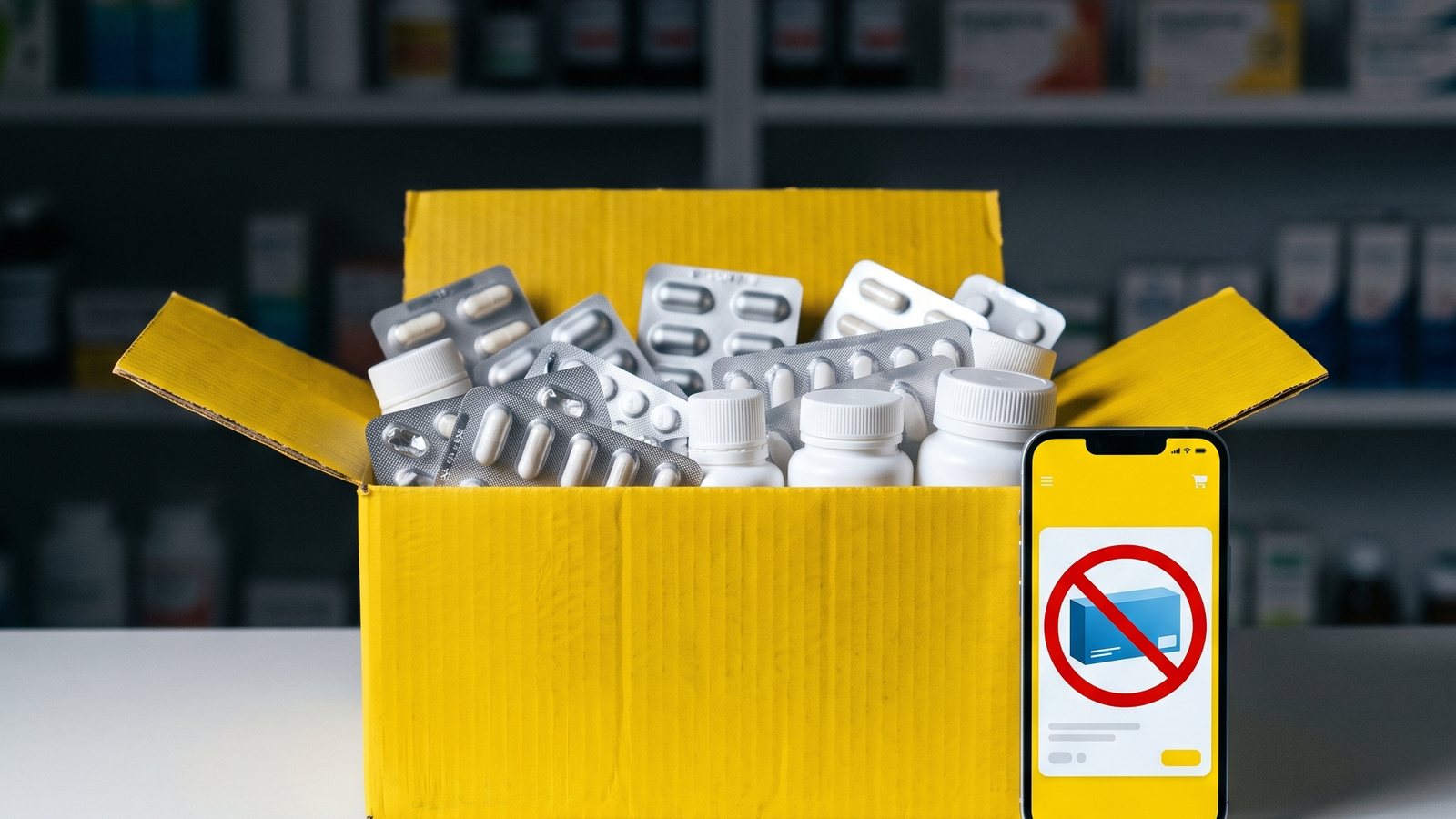 Caixa de envio amarela cheia de cartelas de comprimidos sobre um balcão de farmácia, ao lado de um celular com um anúncio de remédio proibido