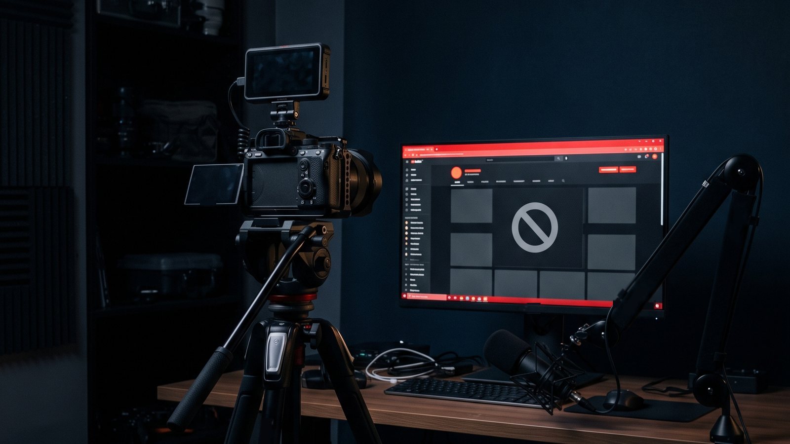 Estúdio de vídeo com câmera e microfone apontados para um monitor que mostra a página de um canal com os vídeos apagados e um ícone de proibido