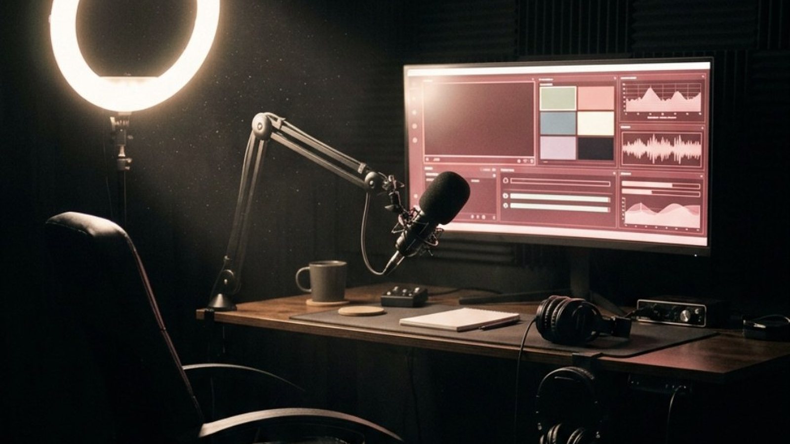 Pequeno estúdio de gravação à noite com a cadeira vazia afastada da mesa, ring light acesa, microfone no braço articulado, fones pendurados e um monitor largo ao fundo com uma tela de transmissão em tom vermelho
