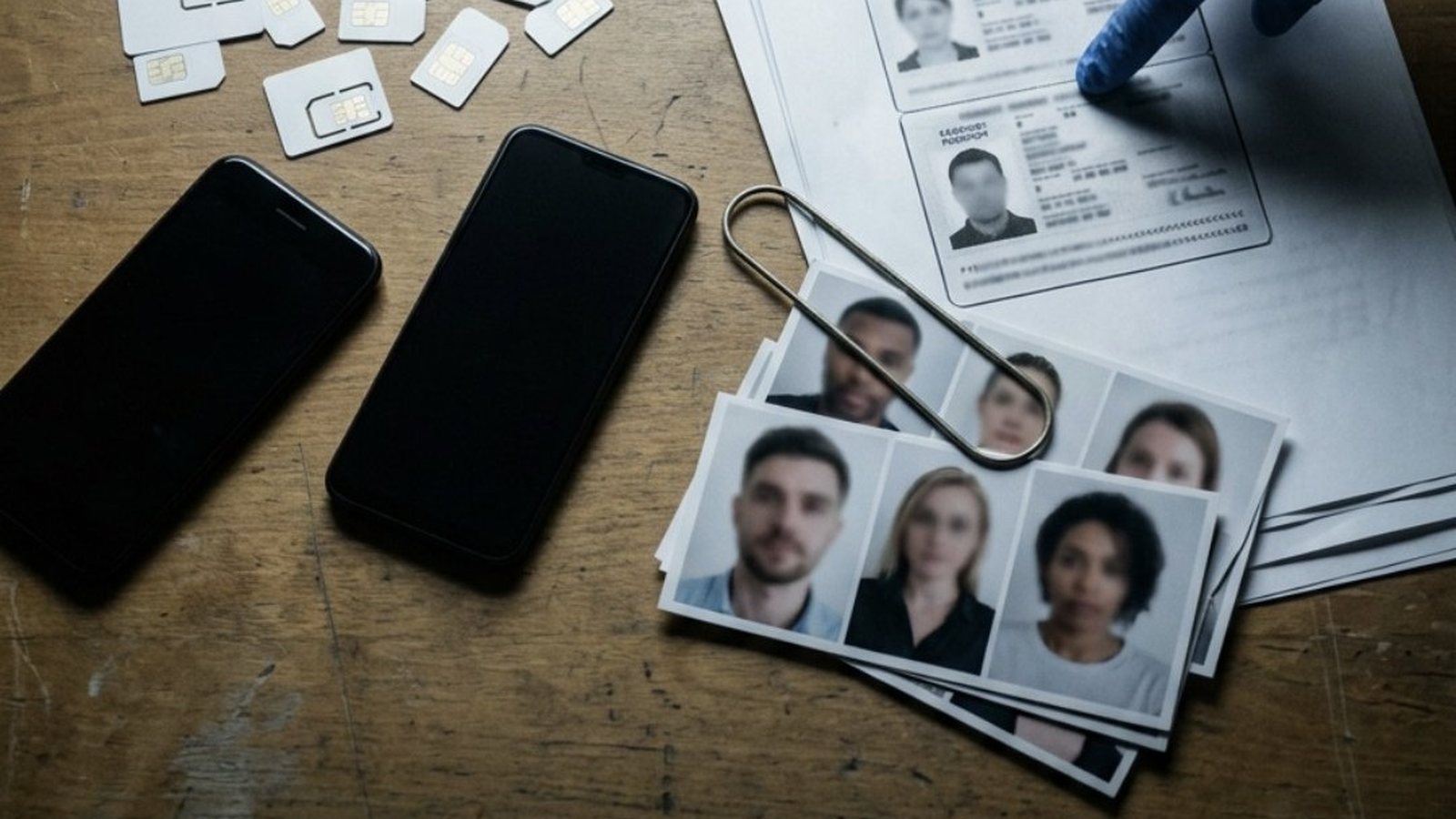 Mesa de sala de provas da polícia vista de cima, com dezenas de chips de celular espalhados, vários smartphones, fotos impressas de rostos borrados e a mão de um investigador de luva