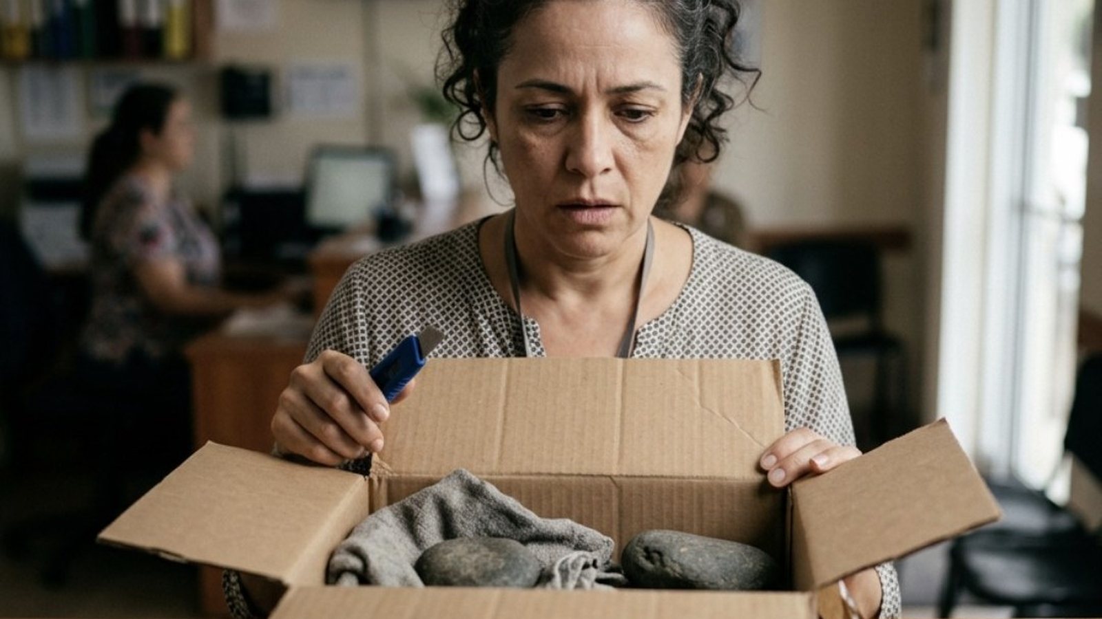 Mulher de uns quarenta anos no balcão da recepção de uma pequena clínica, diante de uma caixa de papelão aberta com um pano cinza dobrado e duas pedras no lugar onde deveria estar um notebook, ainda segurando o estilete e com expressão de descrença