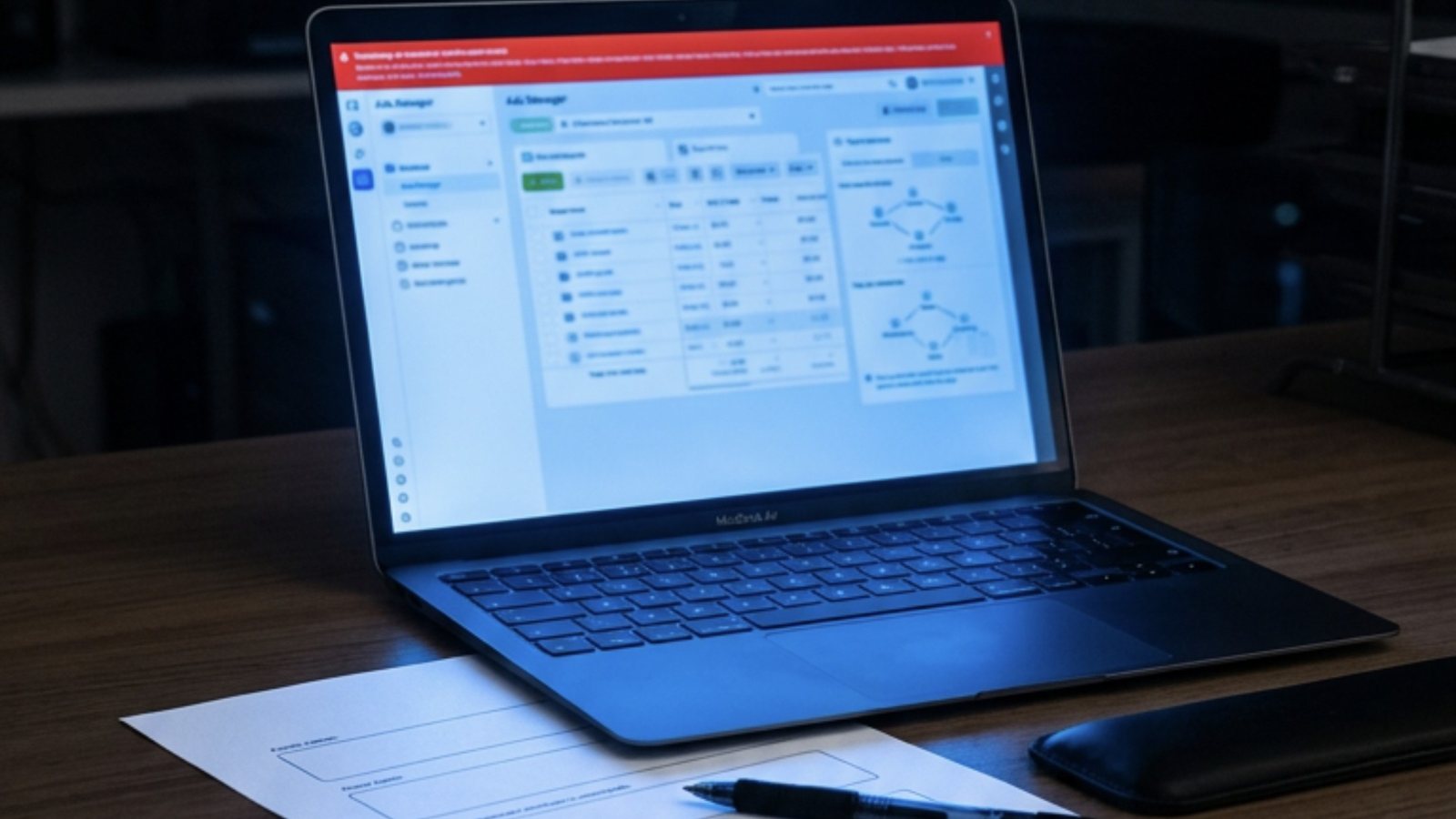 Notebook numa mesa escura à noite com um painel de anúncios na tela sob uma faixa vermelha de alerta, e na frente uma folha com campos em branco e uma caneta