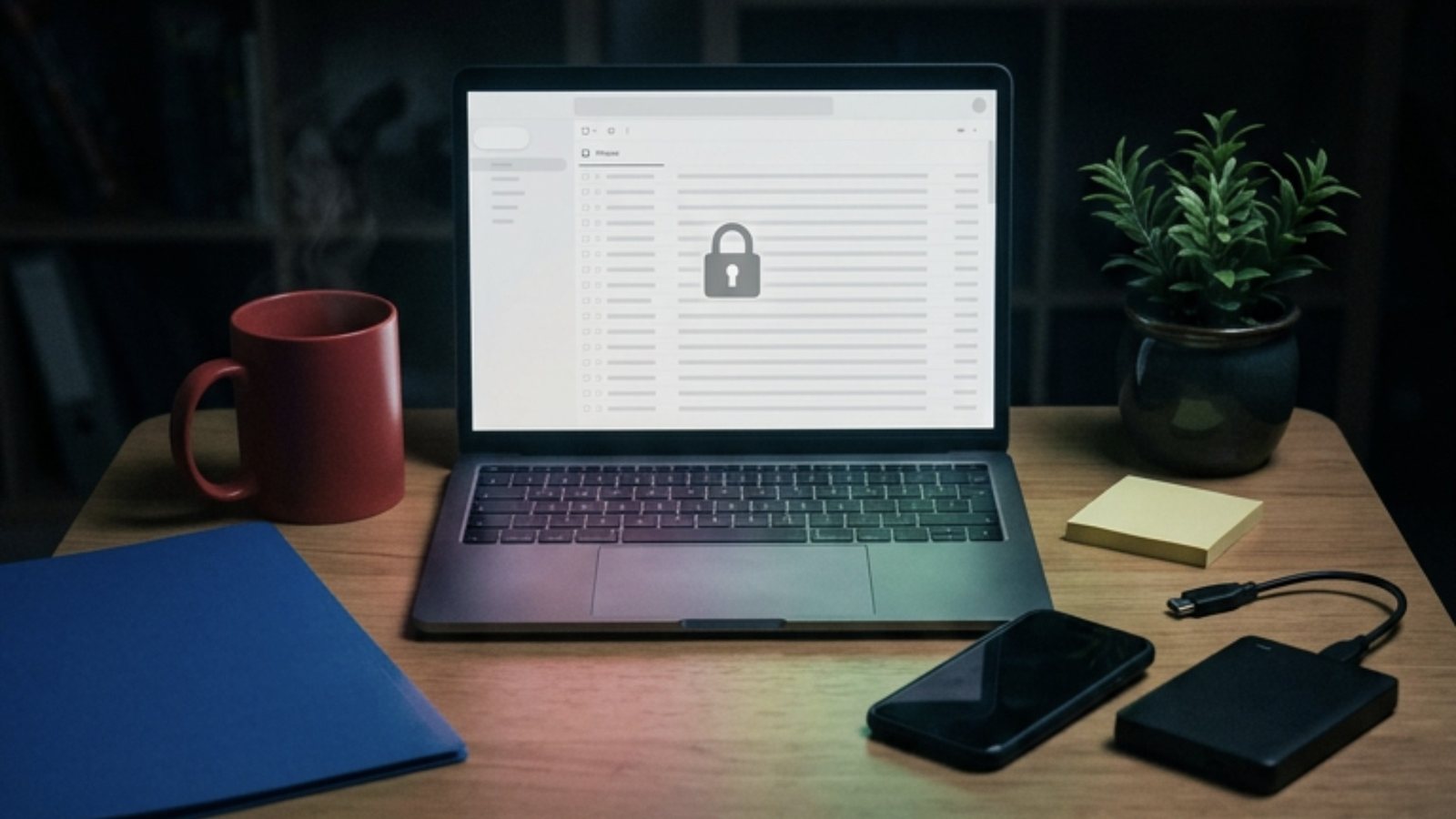 Notebook aberto numa mesa de escritório à noite, com uma caixa de entrada de e-mail apagada em cinza atrás de um cadeado na tela, cercado por uma pasta azul, uma caneca vermelha, um bloco de notas amarelo e uma planta verde, com um celular virado para baixo e um HD externo desconectado ao lado