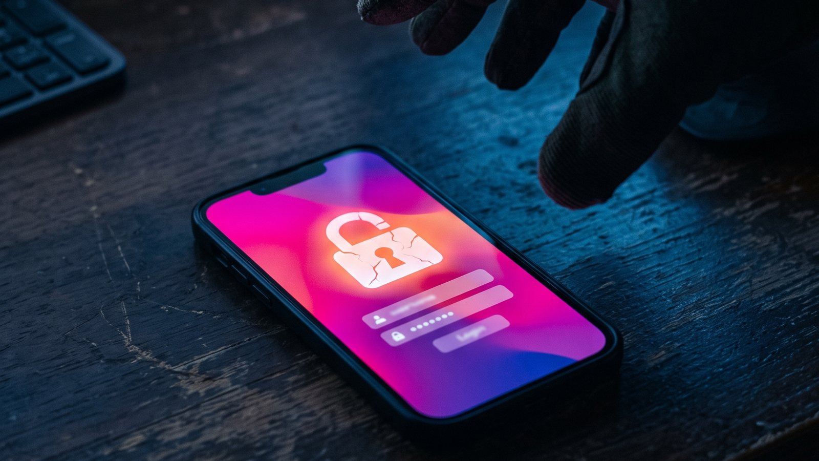 Celular sobre uma mesa escura com a tela de login rosa e roxa e um cadeado rachado, enquanto uma mão de luva se aproxima