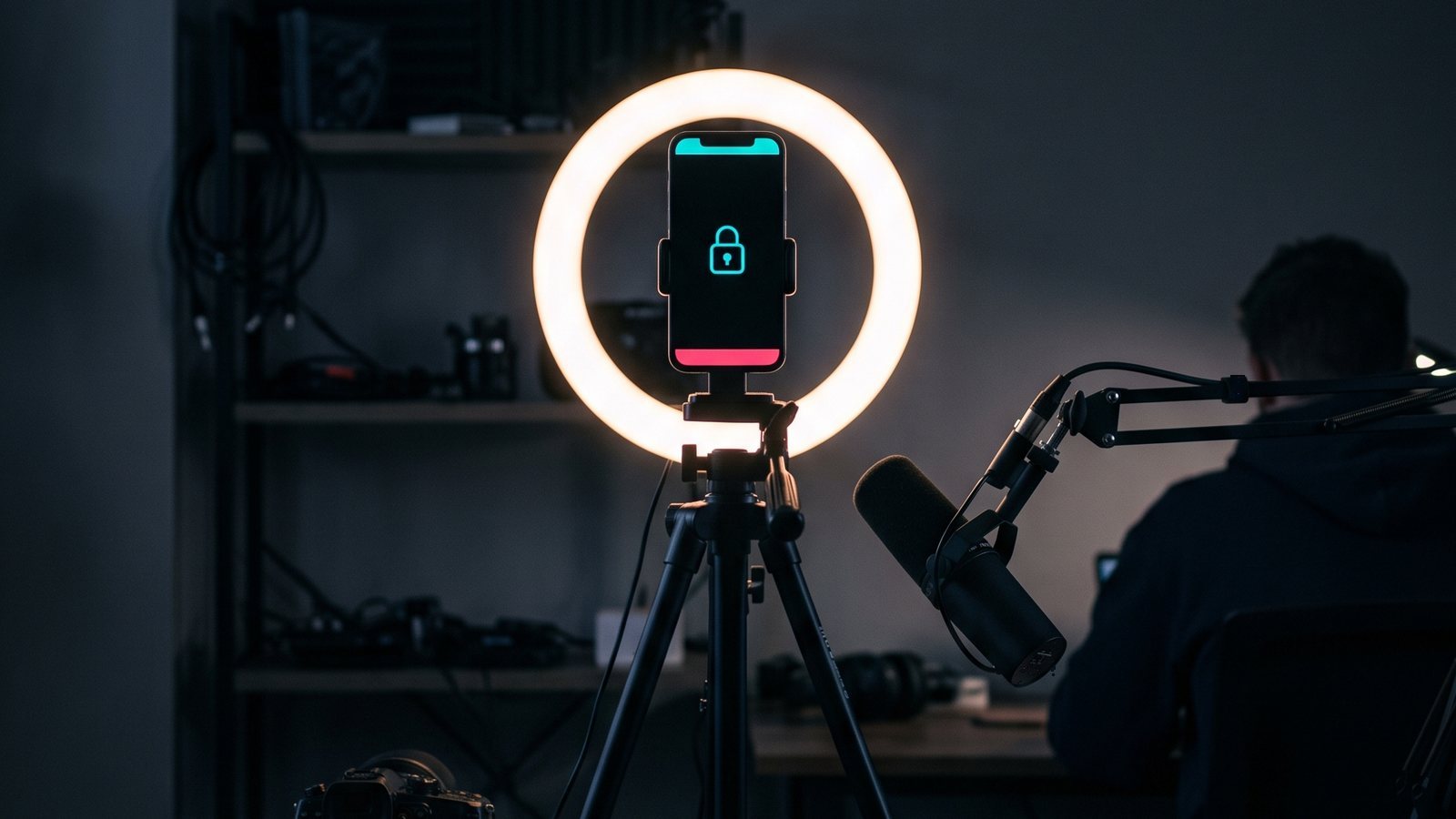 Estúdio caseiro à noite com um ring light aceso em volta de um celular no tripé, a tela preta com um cadeado