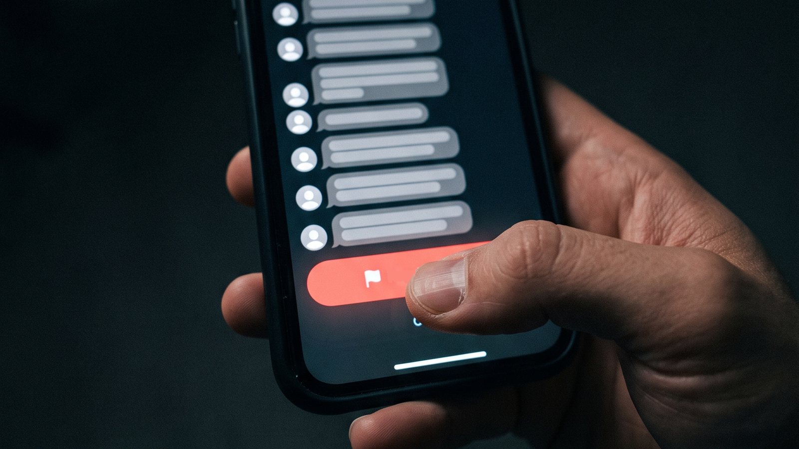 Polegar pressionando um botão vermelho de denúncia na tela do celular, com uma coluna de respostas automáticas cinza acima