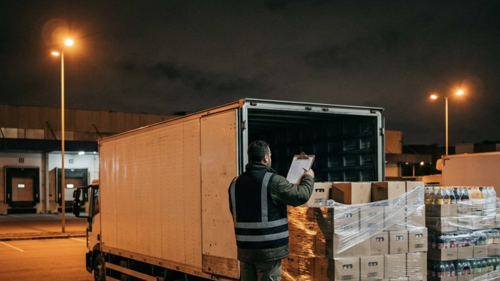 Pátio de carga de um centro de distribuição à noite, com um caminhão encostado na doca, paletes de bebidas embaladas em filme plástico e um funcionário de colete refletivo de costas segurando uma prancheta