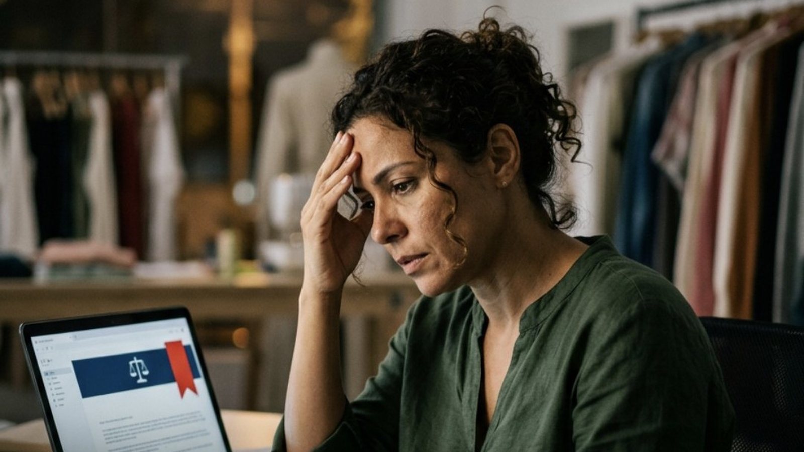 Dona de uma pequena loja de roupas sentada à noite no escritório dos fundos, com a mão na testa, lendo no notebook um e-mail formal com faixa azul-escura e um ícone vermelho de urgência