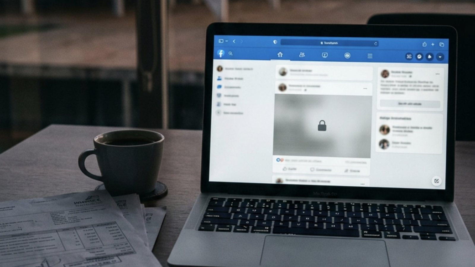 Notebook numa mesa escura com um feed azul e branco na tela e o post do meio apagado em cinza com um cadeado, ao lado de uma xícara de café e de uma pilha de faturas