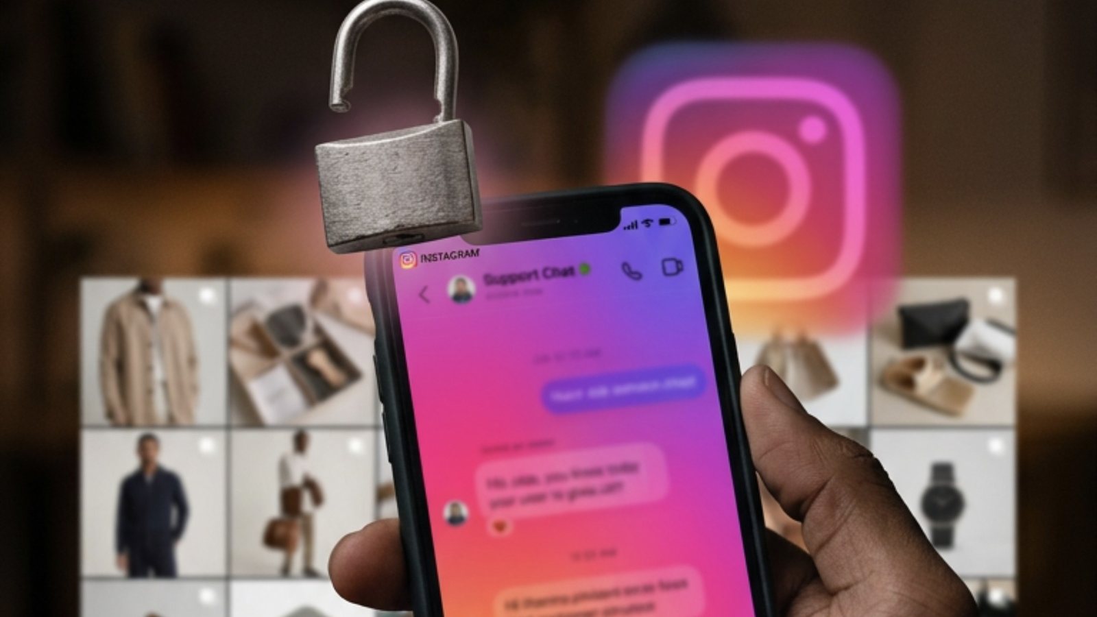 Mão segurando um celular com uma conversa de suporte em degradê rosa, roxo e laranja, um cadeado aberto flutuando acima da tela e, ao fundo desfocado, um ícone de câmera e a grade de fotos de produtos de um perfil comercial