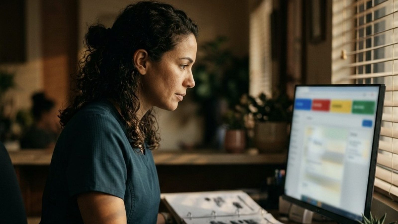 Mulher de uns trinta anos na recepção de uma pequena clínica, com a mão no mouse, inclinada para um monitor que mostra no topo uma faixa de cartões de resultados patrocinados em blocos azuis, vermelhos, amarelos e verdes, com agenda, maquininha de cartão e uma planta sobre a mesa