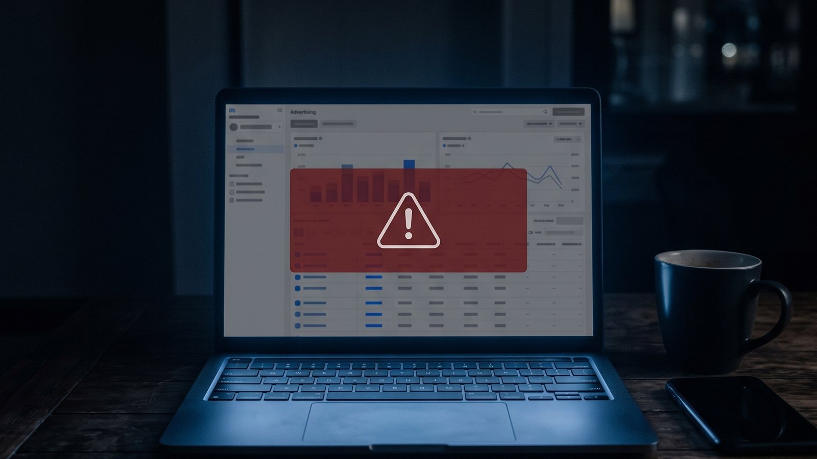 Notebook numa mesa escura à noite com o painel de anúncios apagado atrás de um aviso vermelho de alerta