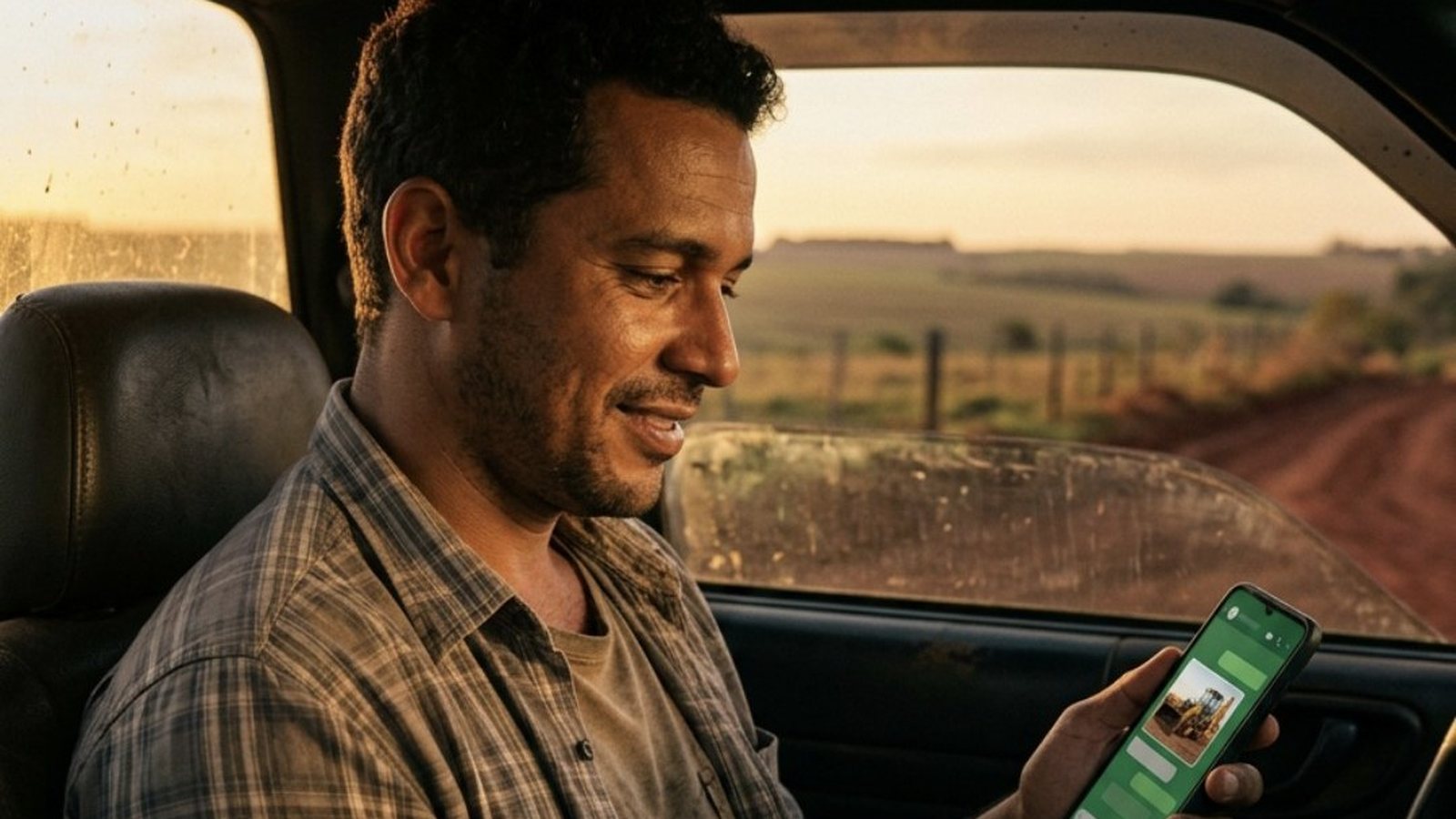 Homem de uns 35 anos sentado no banco de uma caminhonete empoeirada numa estrada de terra vermelha ao entardecer, olhando no celular uma conversa com a foto de uma retroescavadeira amarela