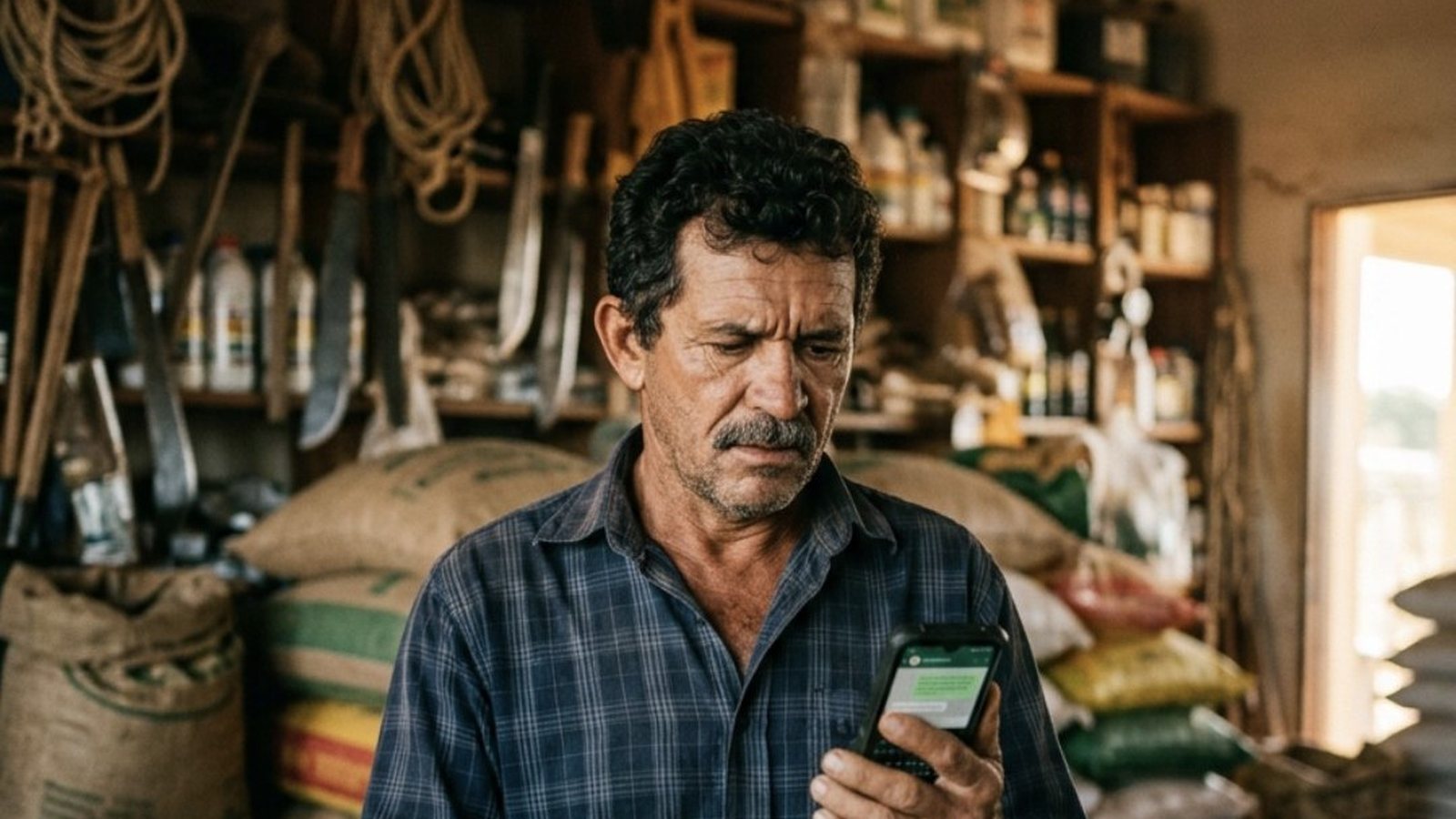 Dono de uma loja de produtos agropecuários, de uns quarenta anos, atrás do balcão entre sacos de ração e sementes, lendo com ar desconfiado uma notificação de mensagem no celular, com a luz da tarde entrando pela porta