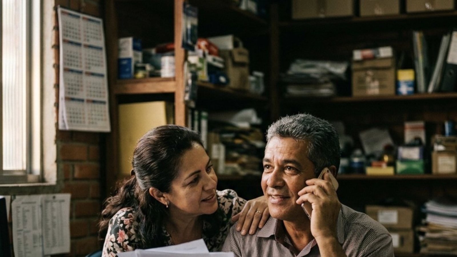 Casal de uns cinquenta anos no escritório dos fundos da loja, o marido com o celular no ouvido e expressão esperançosa, a esposa ao lado segurando um documento impresso, com prateleiras e um calendário de parede ao fundo