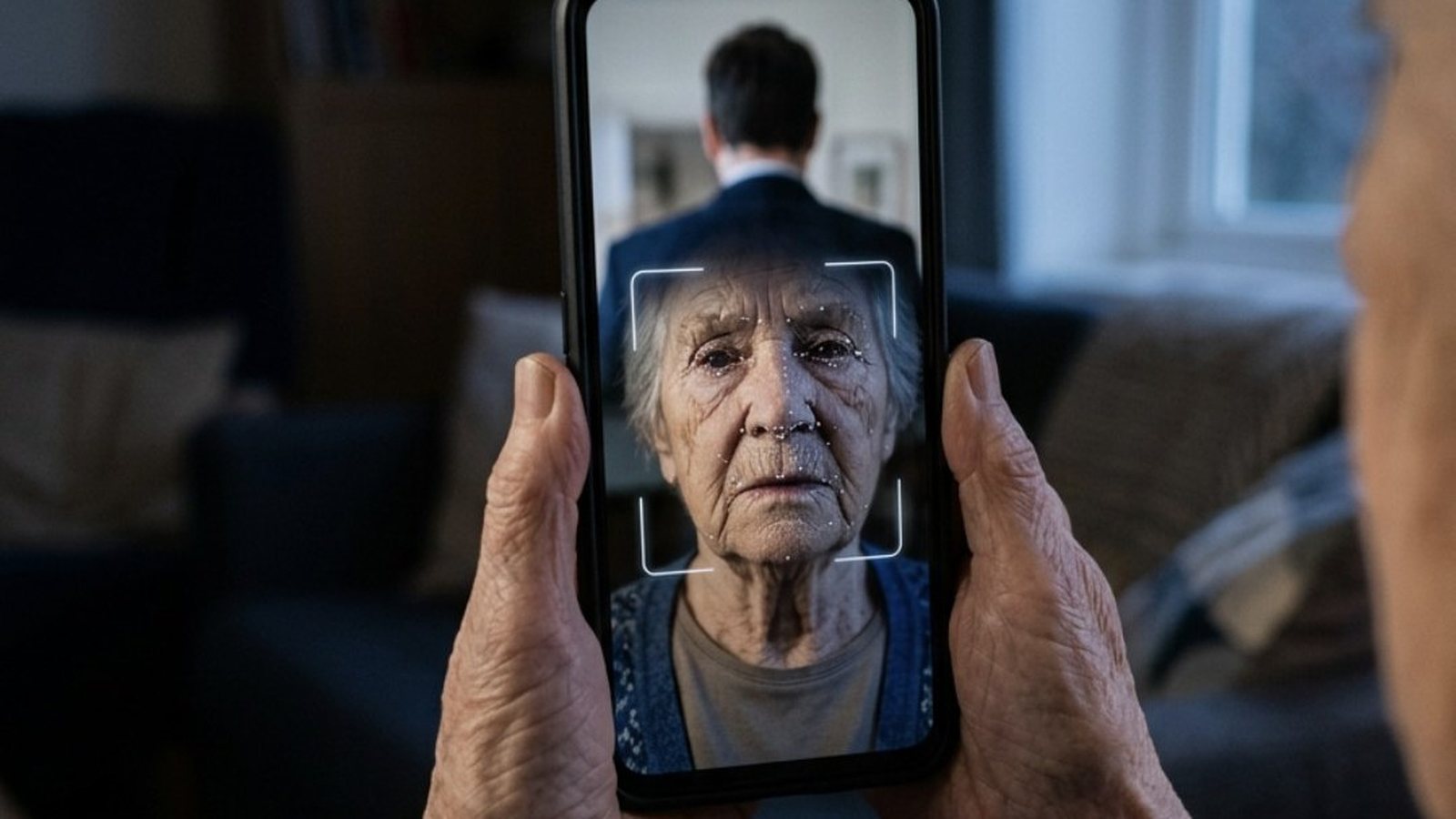 Tela de celular com uma videochamada em andamento e, no reflexo, o contorno de um rosto sendo lido por um quadro de reconhecimento facial
