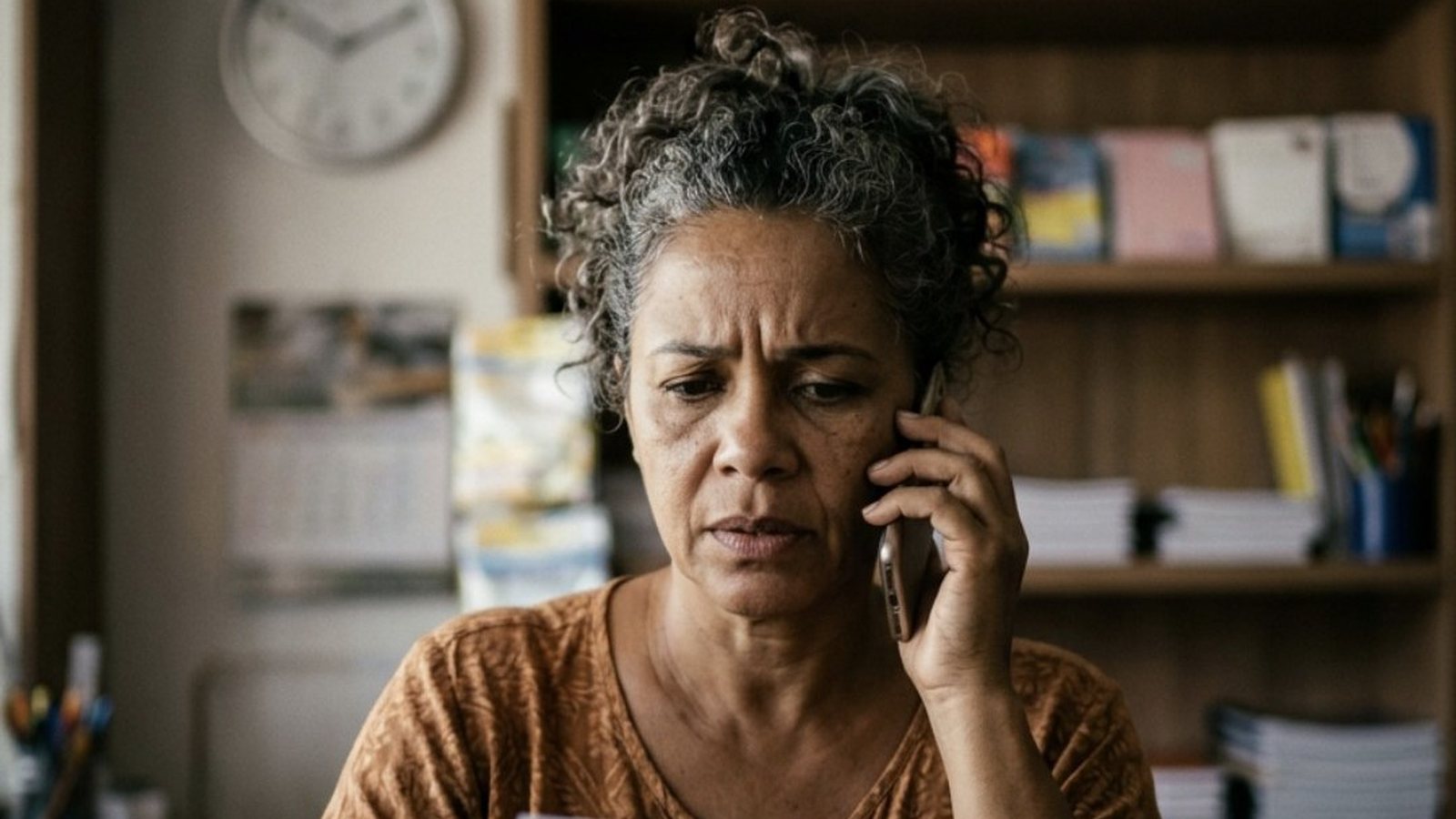Mulher de uns cinquenta anos atrás do balcão de uma pequena papelaria, com o celular no ouvido e expressão preocupada, com prateleiras de material escolar e um relógio de parede ao fundo