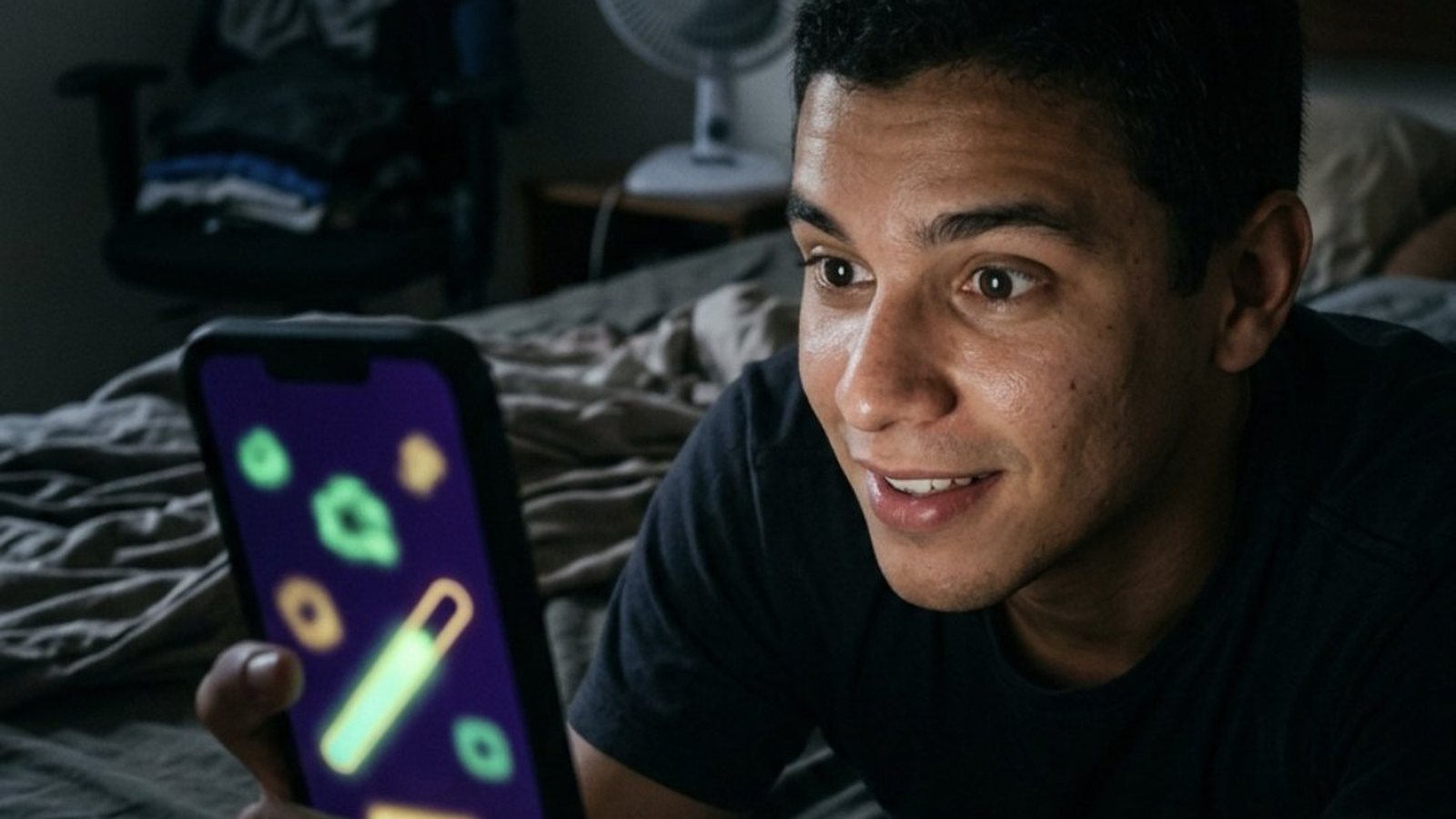 Jovem brasileiro de uns vinte anos deitado na cama à noite, com o rosto iluminado pelo celular, olhando animado para uma tela roxa escura cheia de formas em verde neon e dourado e uma barra de saldo crescendo, com um ventilador e roupas numa cadeira ao fundo