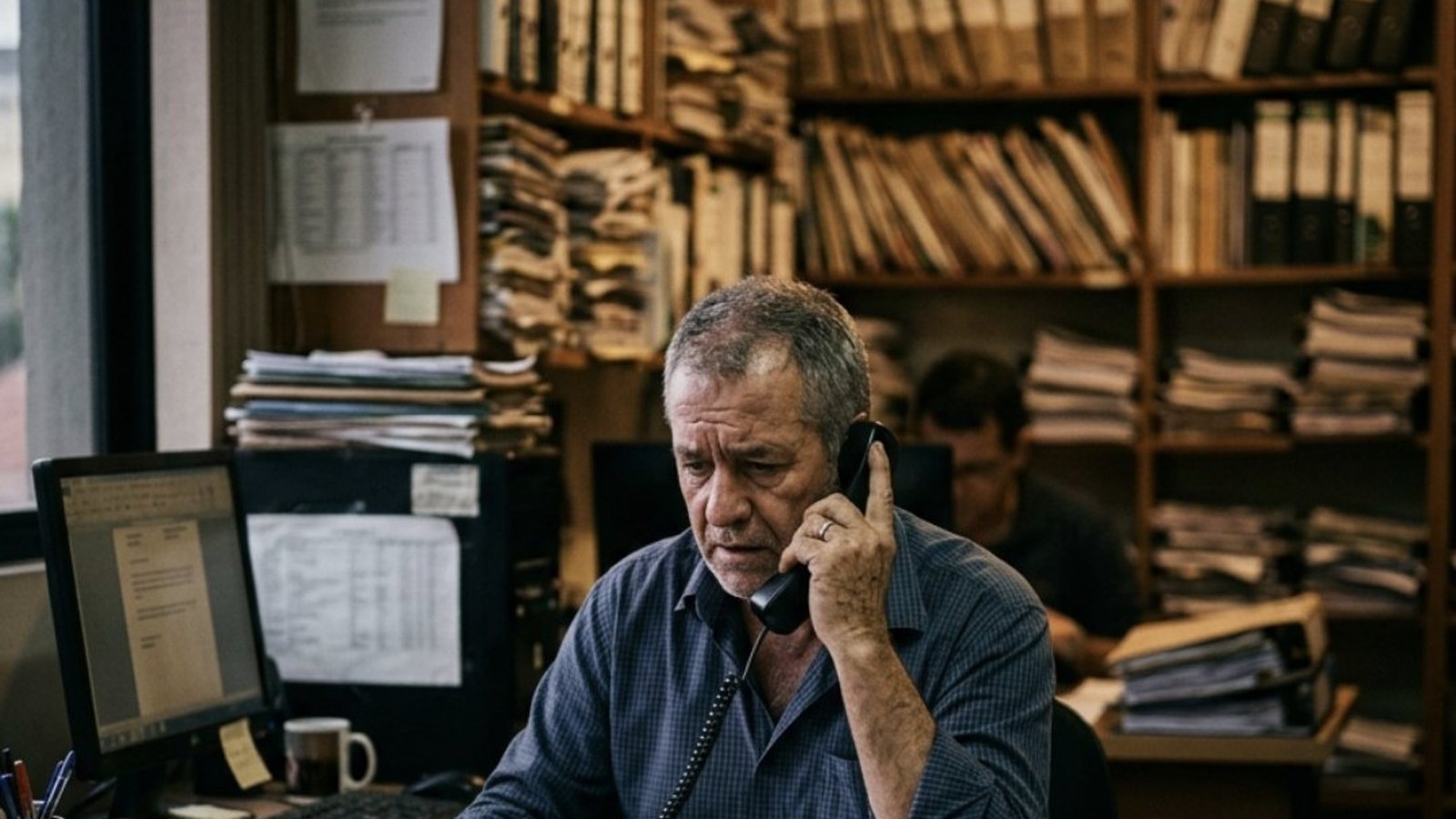 Homem de uns cinquenta anos num pequeno escritório de despachante, com prateleiras de pastas ao fundo, falando ao telefone com expressão preocupada diante de um computador de mesa