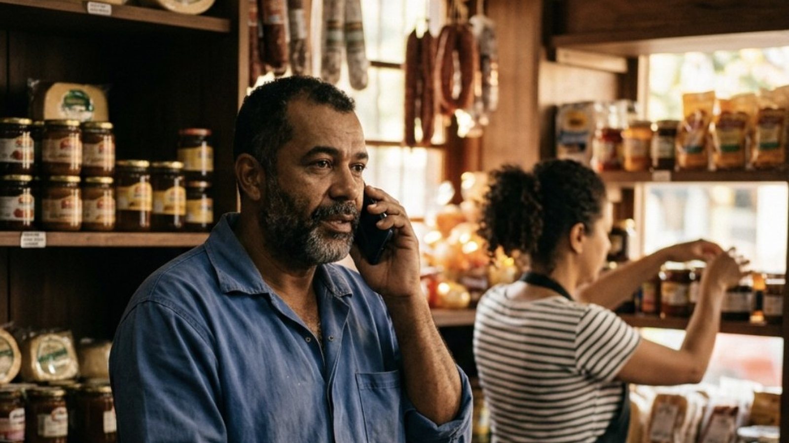 Homem atrás do balcão de um pequeno empório com prateleiras de queijos, geleias e embutidos, atendendo uma ligação no celular enquanto a sócia arruma produtos ao fundo