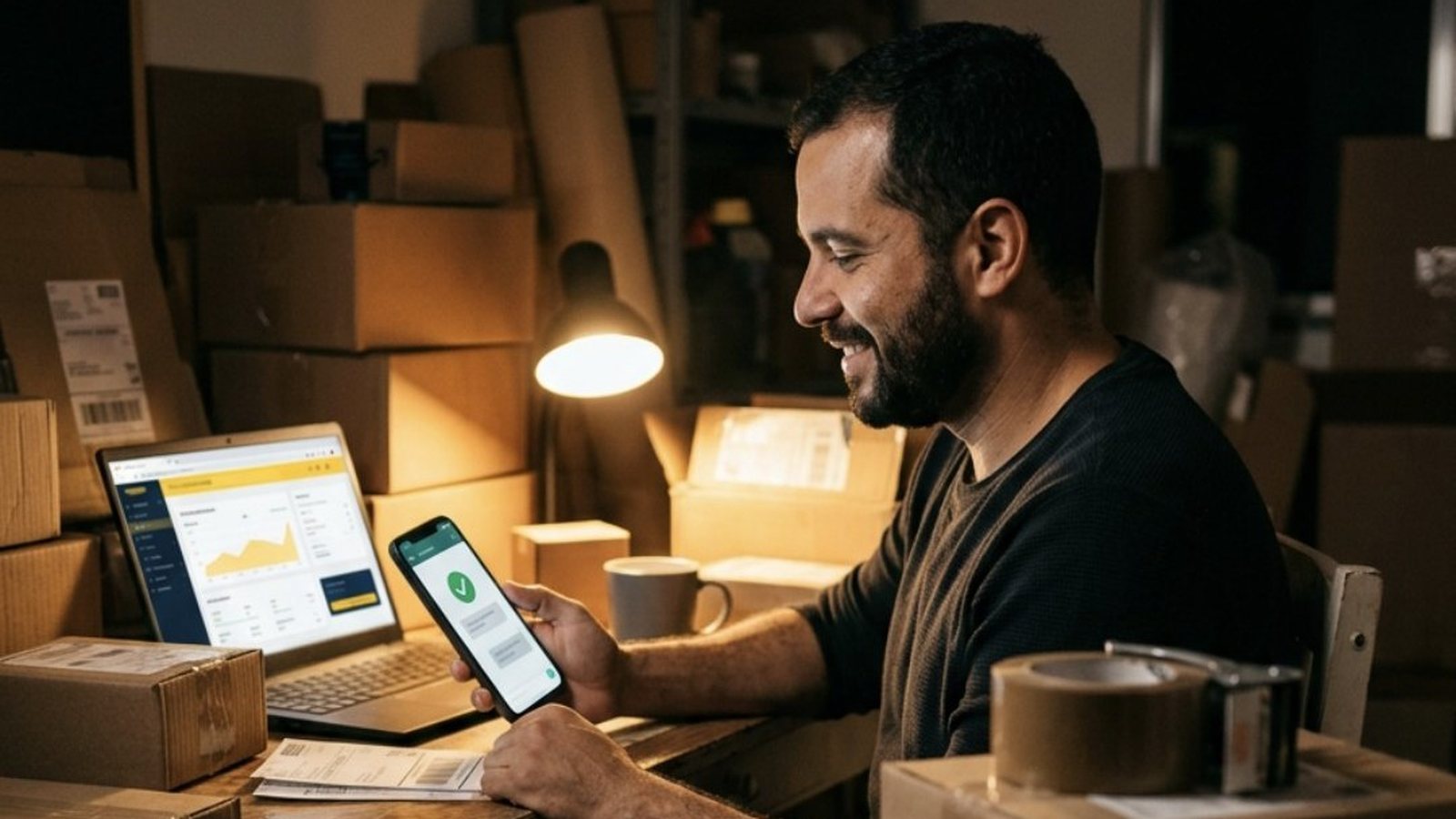 Homem que vende pela internet sentado à noite numa mesa cheia de caixas de papelão e fita adesiva, sorrindo aliviado para o celular que mostra uma conversa com um selo verde de confirmação