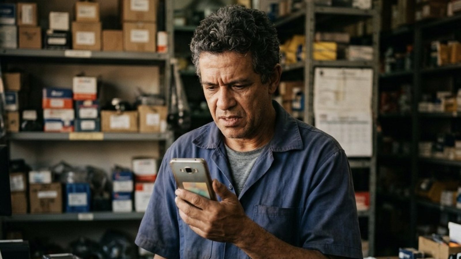 Homem de uns cinquenta anos atrás do balcão de uma pequena loja de autopeças, de manhã cedo, com o celular perto do rosto e a expressão tensa de quem lê uma mensagem que não esperava, diante de prateleiras de caixas e de uma maquininha de cartão