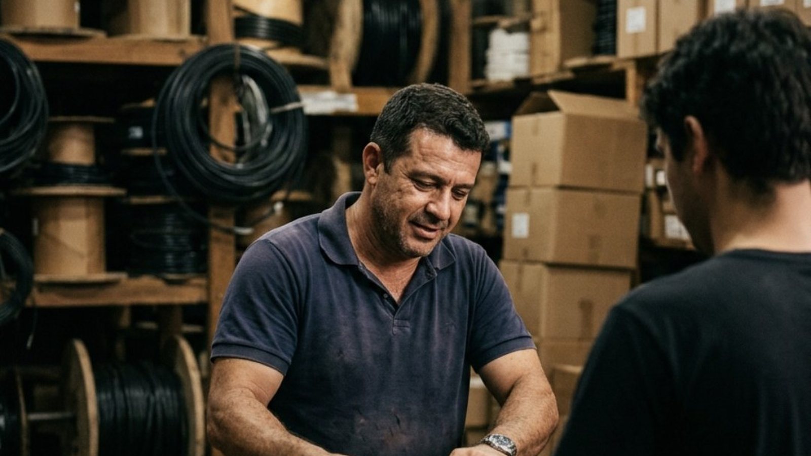 Vendedor de uns quarenta anos, de camisa polo, debruçado sobre o balcão de uma distribuidora de materiais elétricos diante de um cliente visto de costas, com rolos de cabo e bobinas de madeira ao fundo