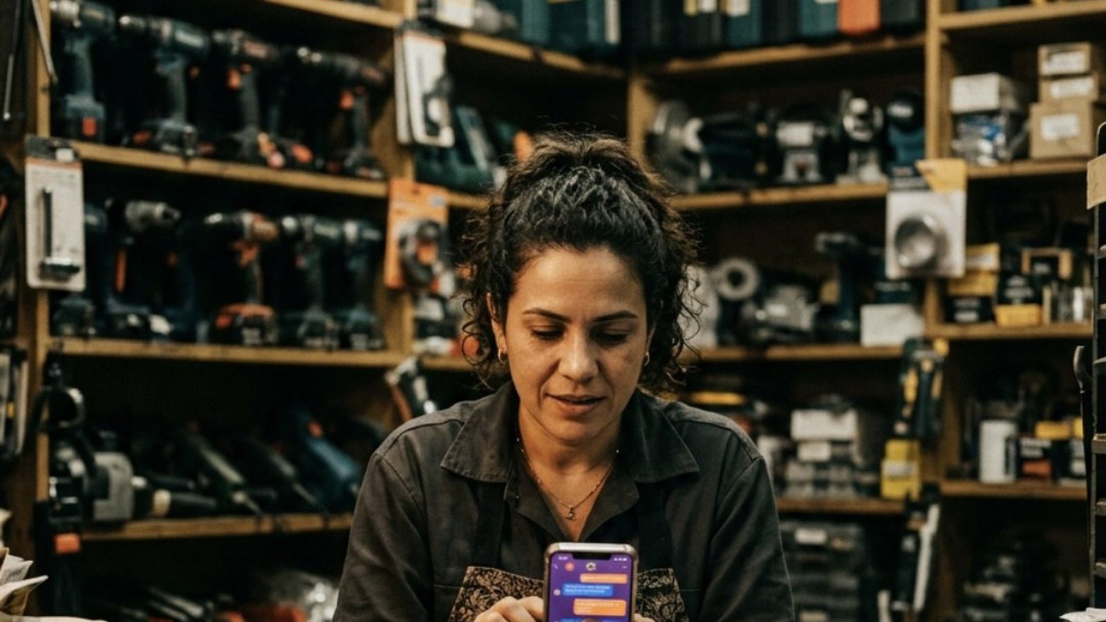 Dona de uma loja de máquinas e ferramentas atrás do balcão à noite, cercada de furadeiras e caixas de ferramentas, digitando no celular numa conversa com um link destacado