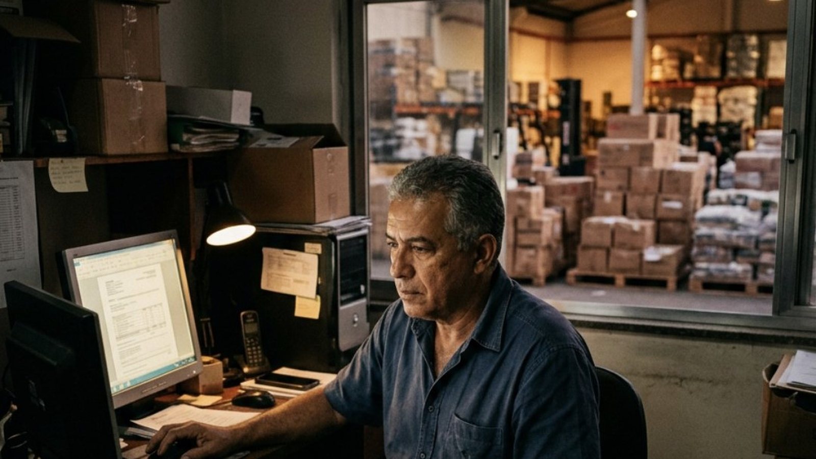 Dono de uma pequena distribuidora sentado num escritório apertado ao lado da janela do depósito, ao entardecer, lendo um pedido de compra no computador, com caixas empilhadas ao fundo