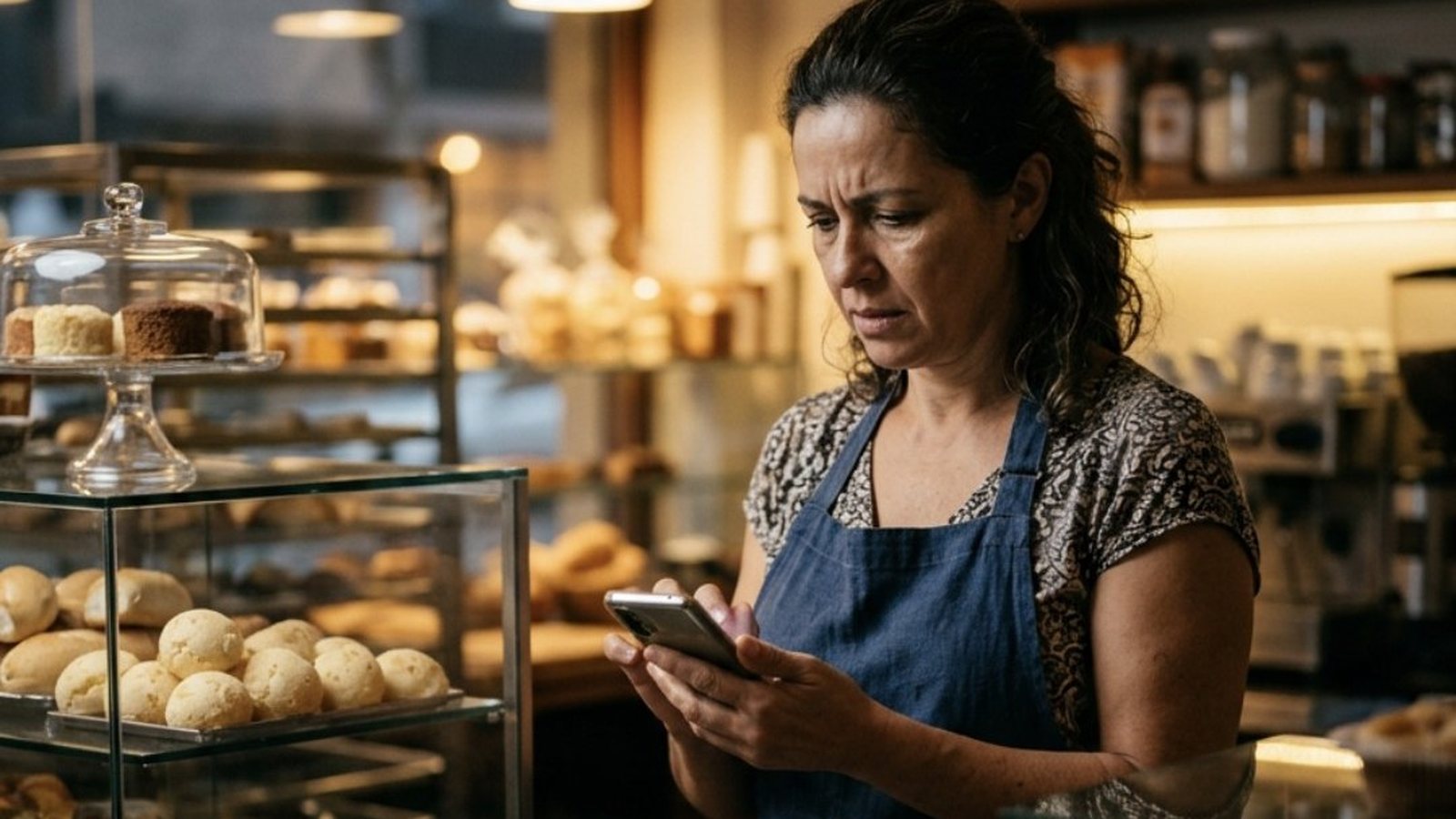 Dona de uma pequena padaria, de uns quarenta anos, atrás do balcão de manhã cedo, lendo uma mensagem no celular com a testa franzida, com pães e bolos na vitrine e uma maquininha de cartão sobre o balcão