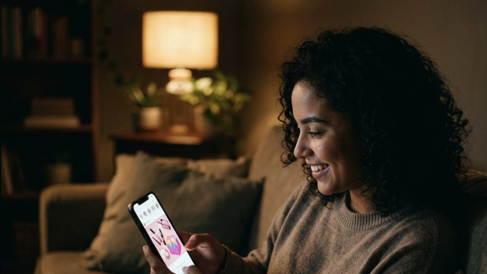Jovem de uns vinte e poucos anos sentada no sofá de casa à noite, rosto iluminado pelo celular, sorrindo para uma postagem com maquiagens coloridas e uma caixa de presente rosa