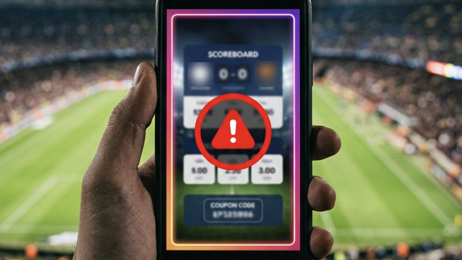 Mão segurando um celular diante de um estádio de futebol iluminado, com um story de palpite na tela, placar, odds e cupom, e um alerta vermelho no centro