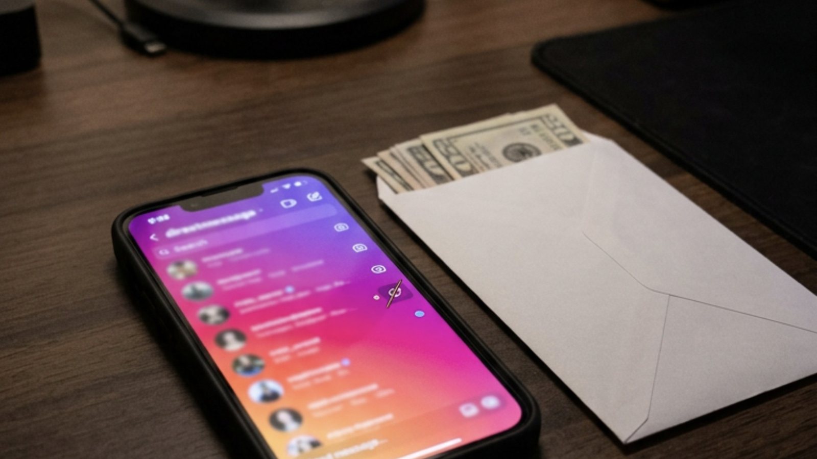 Celular sobre uma mesa de madeira escura com a caixa de mensagens do Instagram aberta em tons de rosa e roxo, ao lado de um envelope branco com cédulas de dinheiro saindo pela abertura