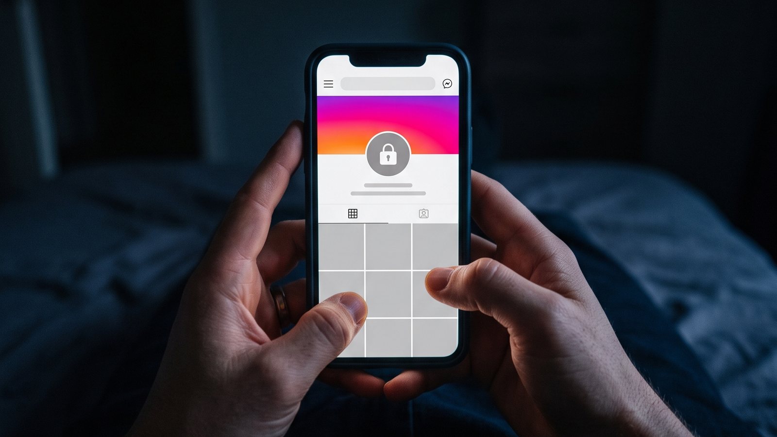 Duas mãos seguram um celular num quarto escuro, com o perfil bloqueado por um cadeado e a grade de fotos vazia