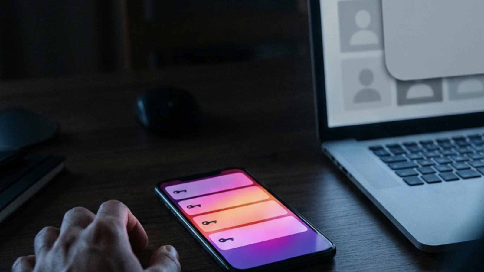 Celular aceso sobre uma mesa de escritório em casa à noite, com quatro avisos iguais com ícone de chave na tela, ao lado de um notebook com a grade de um perfil apagada atrás de um alerta cinza e uma mão tensa perto do aparelho