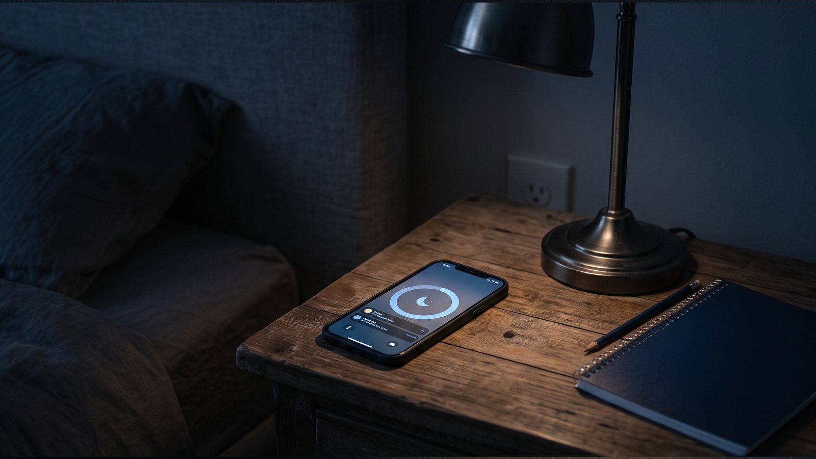 Celular sobre um criado-mudo de madeira ao lado da cama, com um ícone de lua na tela, sob a luz de um abajur e ao lado de um caderno azul com um lápis