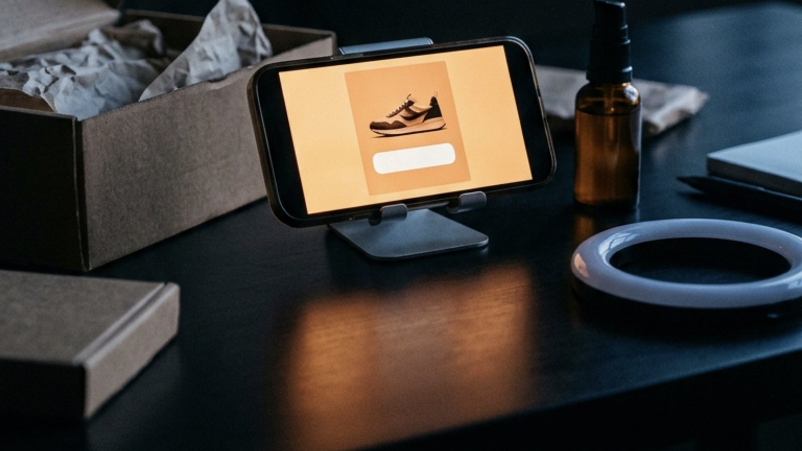 Celular num suporte sobre a mesa de uma criadora de conteúdo à noite, com um story de tênis e um adesivo de link em branco na tela laranja, ao lado de uma caixa de entrega aberta, um frasco de skincare e um anel de luz refletido