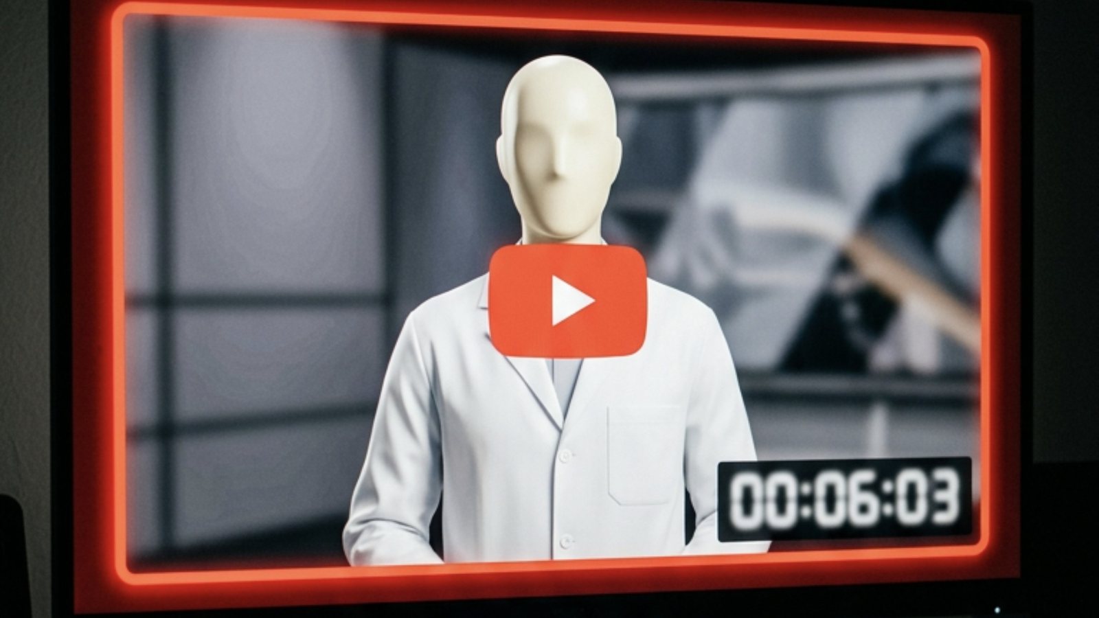 Monitor com moldura vermelha de player de vídeo mostrando um apresentador de jaleco branco com rosto liso de manequim, sem feições, um botão de play vermelho no peito e um cronômetro desfocado no canto da tela
