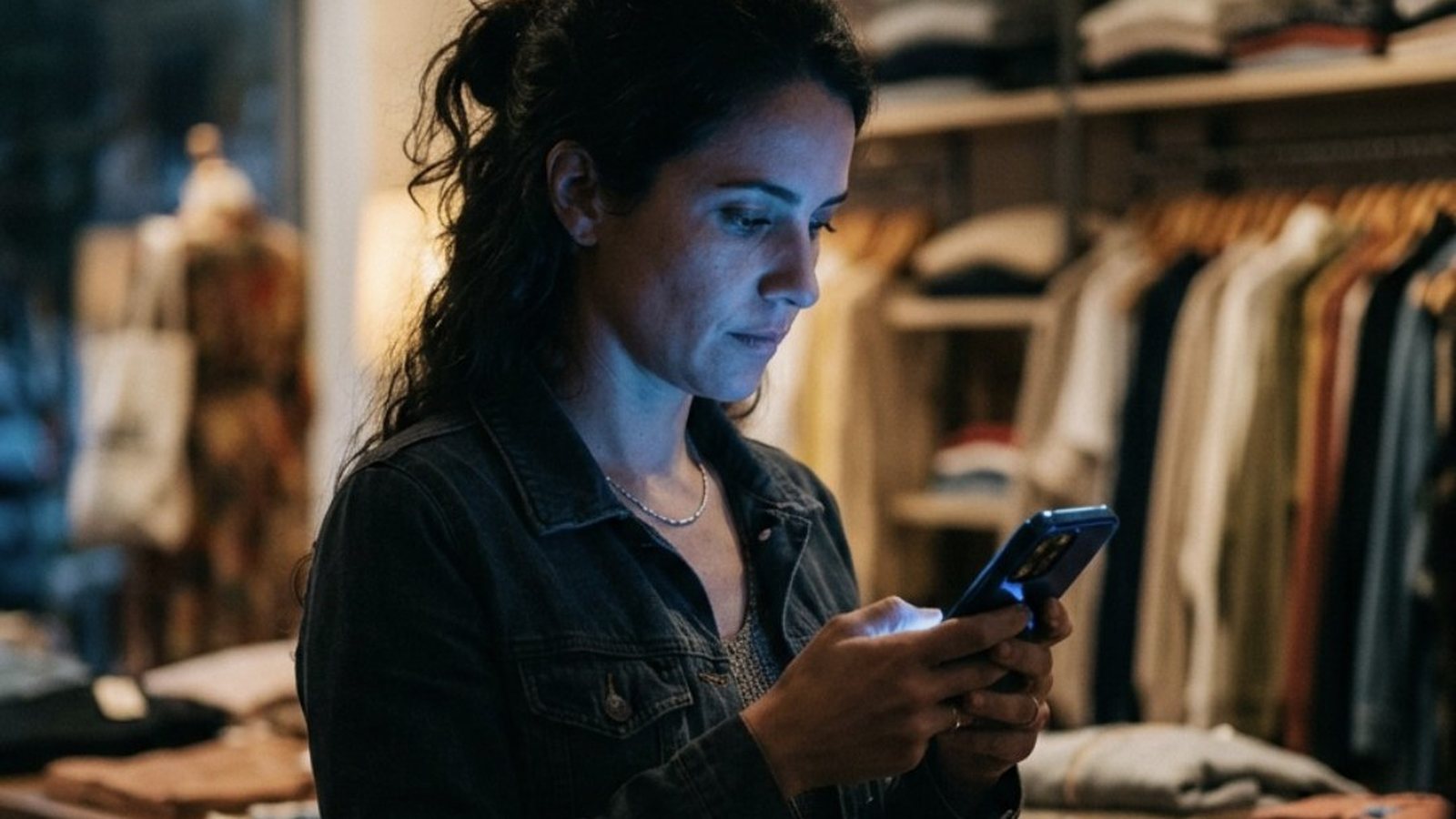 Mulher de jaqueta jeans olhando o celular dentro de uma loja de roupas à noite, com prateleiras e cabides ao fundo