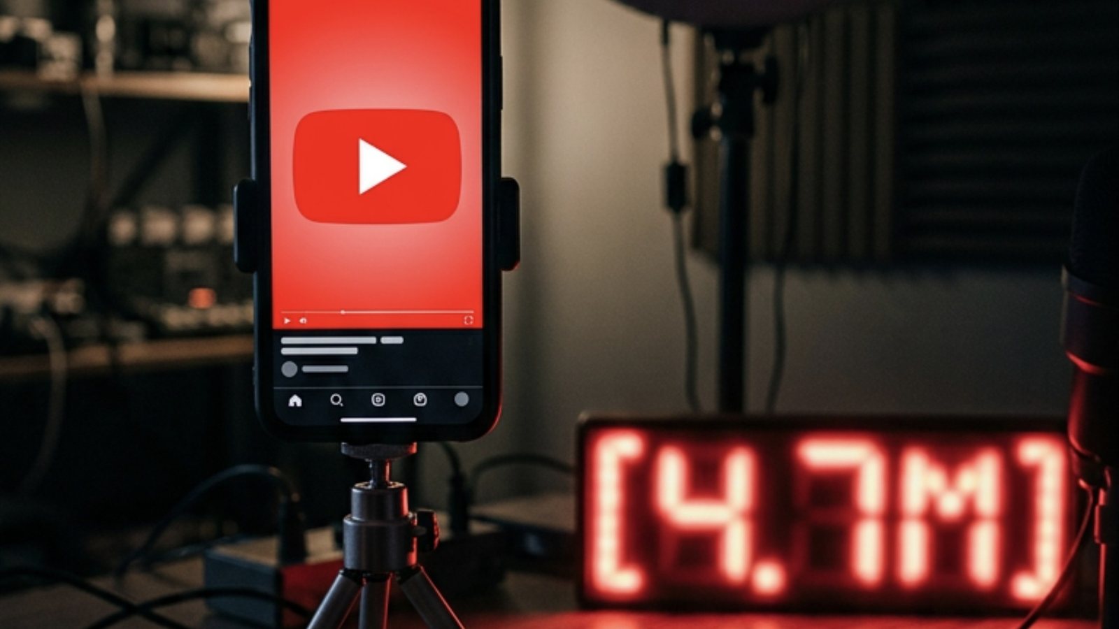 Celular preso num tripé com a tela vermelha e o botão de play branco de um vídeo curto, ao lado de um contador de luz vermelha que marca 4.7M numa mesa de estúdio escuro
