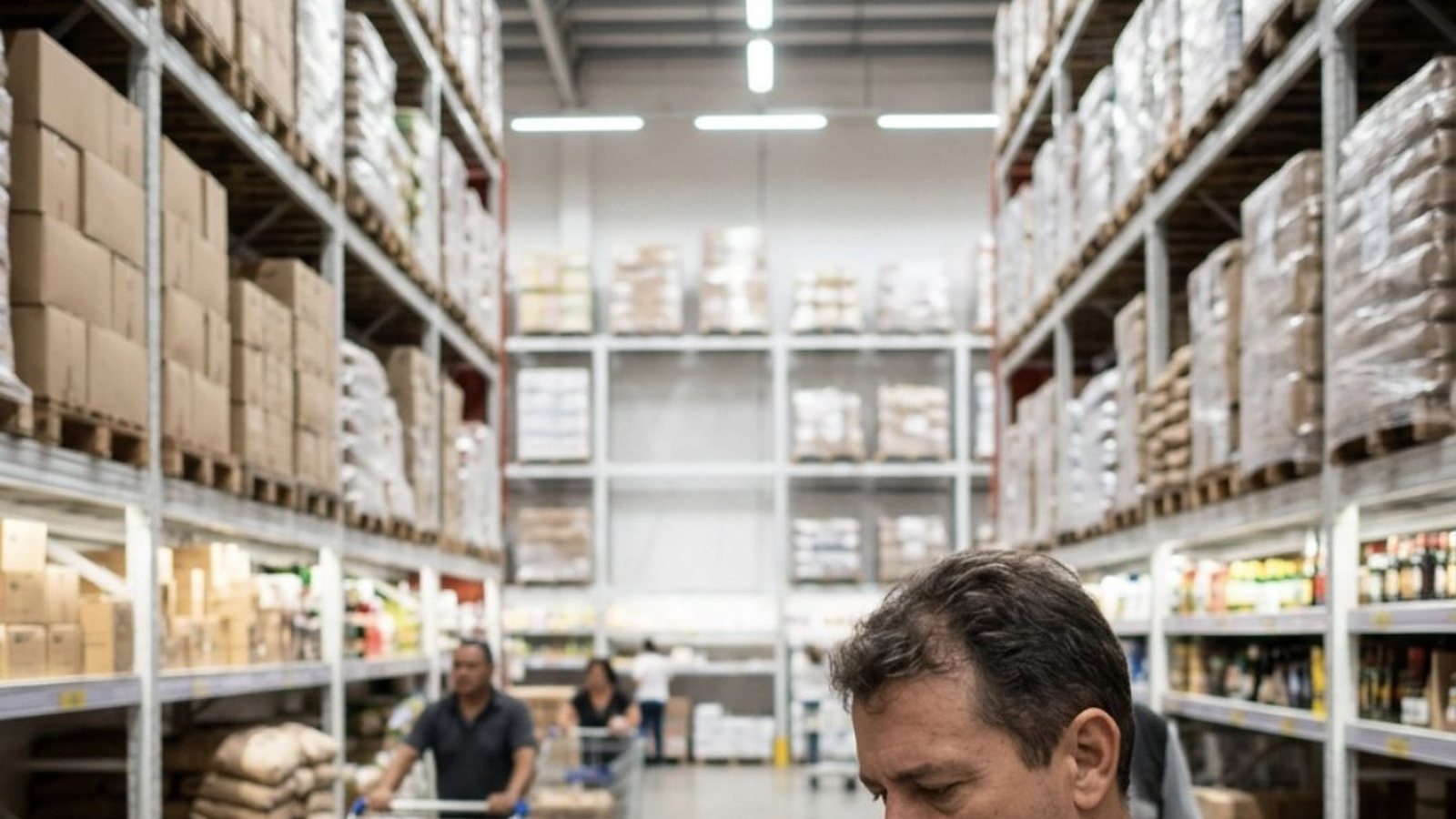 Interior amplo de um atacado com prateleiras altas de caixas e sacos sem rótulo, clientes empurrando carrinhos e, em primeiro plano, um homem de meia-idade olhando o celular com a testa franzida de dúvida