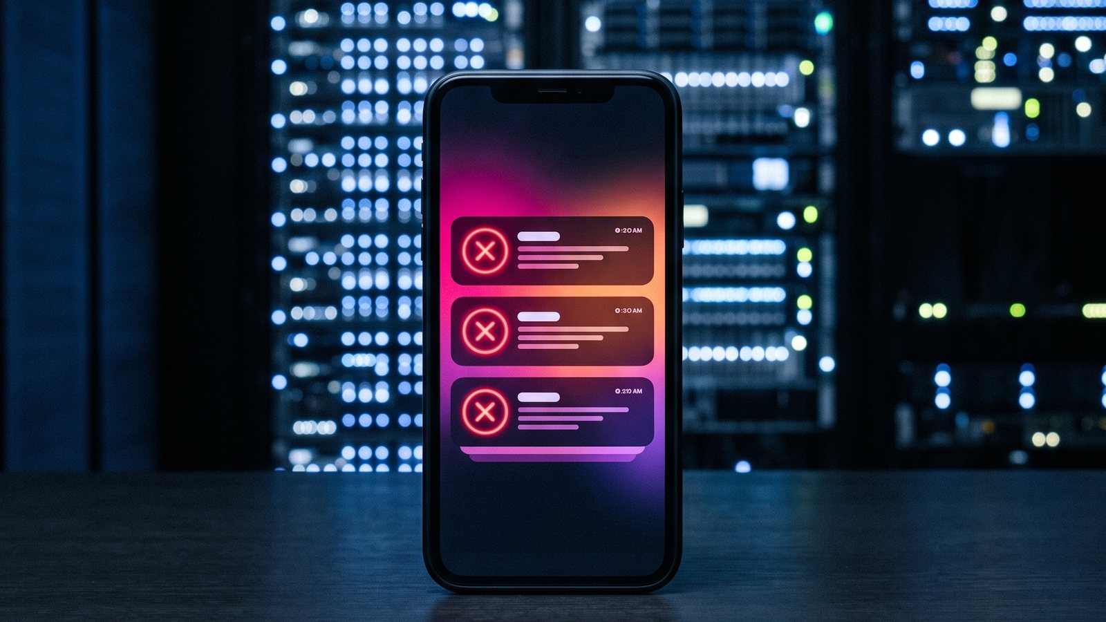 Celular em pé numa mesa escura, diante de servidores iluminados, com três notificações empilhadas na tela, cada uma com um X vermelho e horários muito próximos