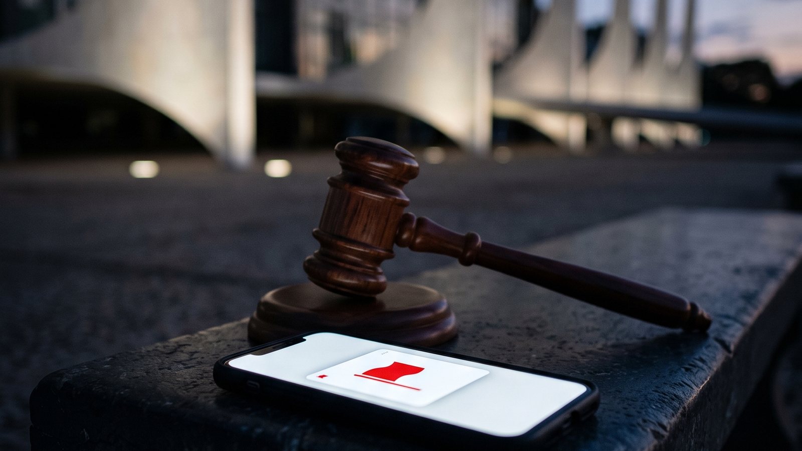 Martelo de juiz apoiado sobre um celular que mostra o ícone vermelho de denúncia, com as colunas curvas de um prédio de Brasília ao fundo