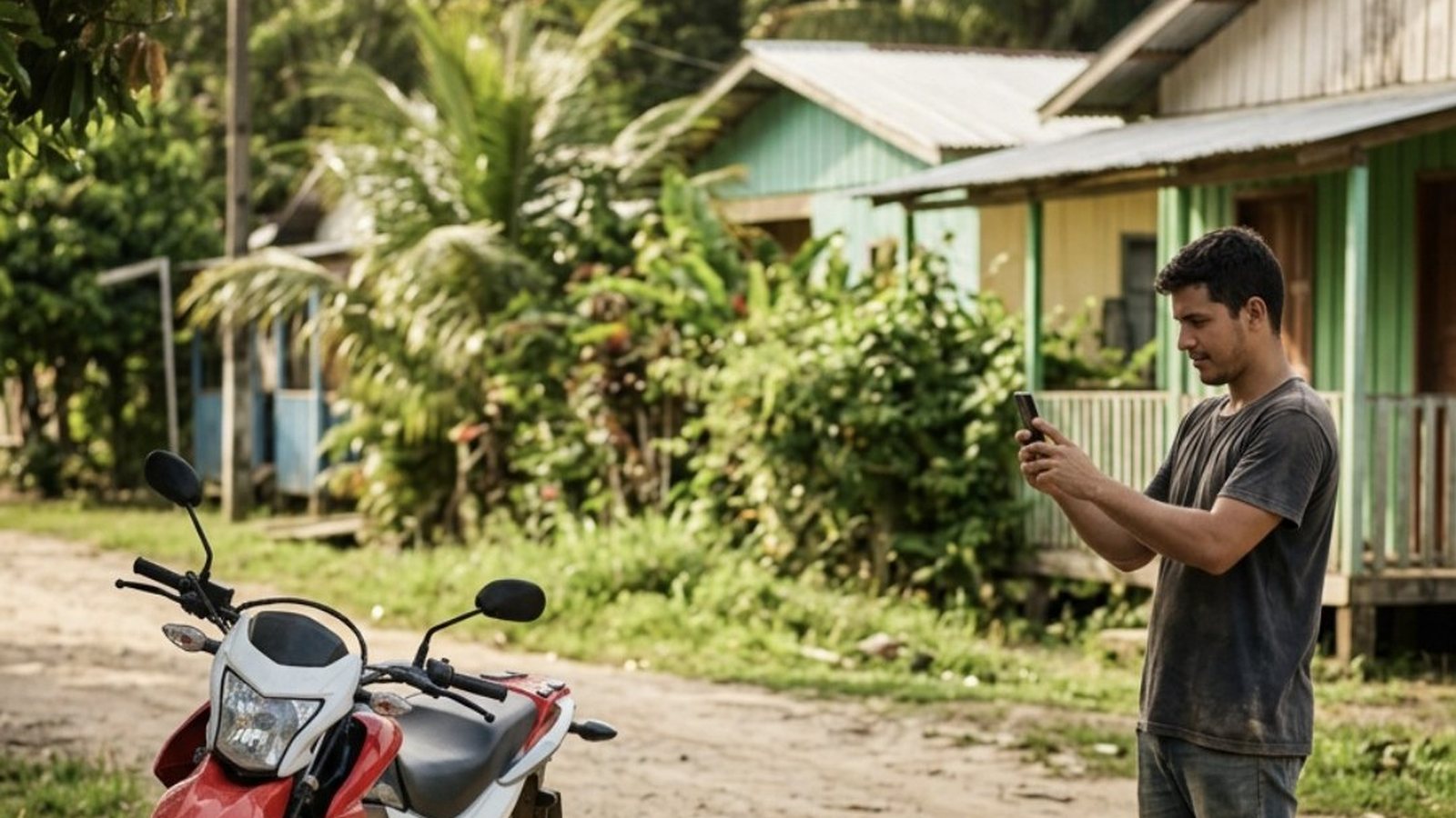 Rapaz de uns vinte e poucos anos ao lado de uma moto trilha vermelha e branca numa rua ensolarada de cidade pequena da Amazônia, fotografando a moto com o celular, com vegetação e casas simples ao fundo
