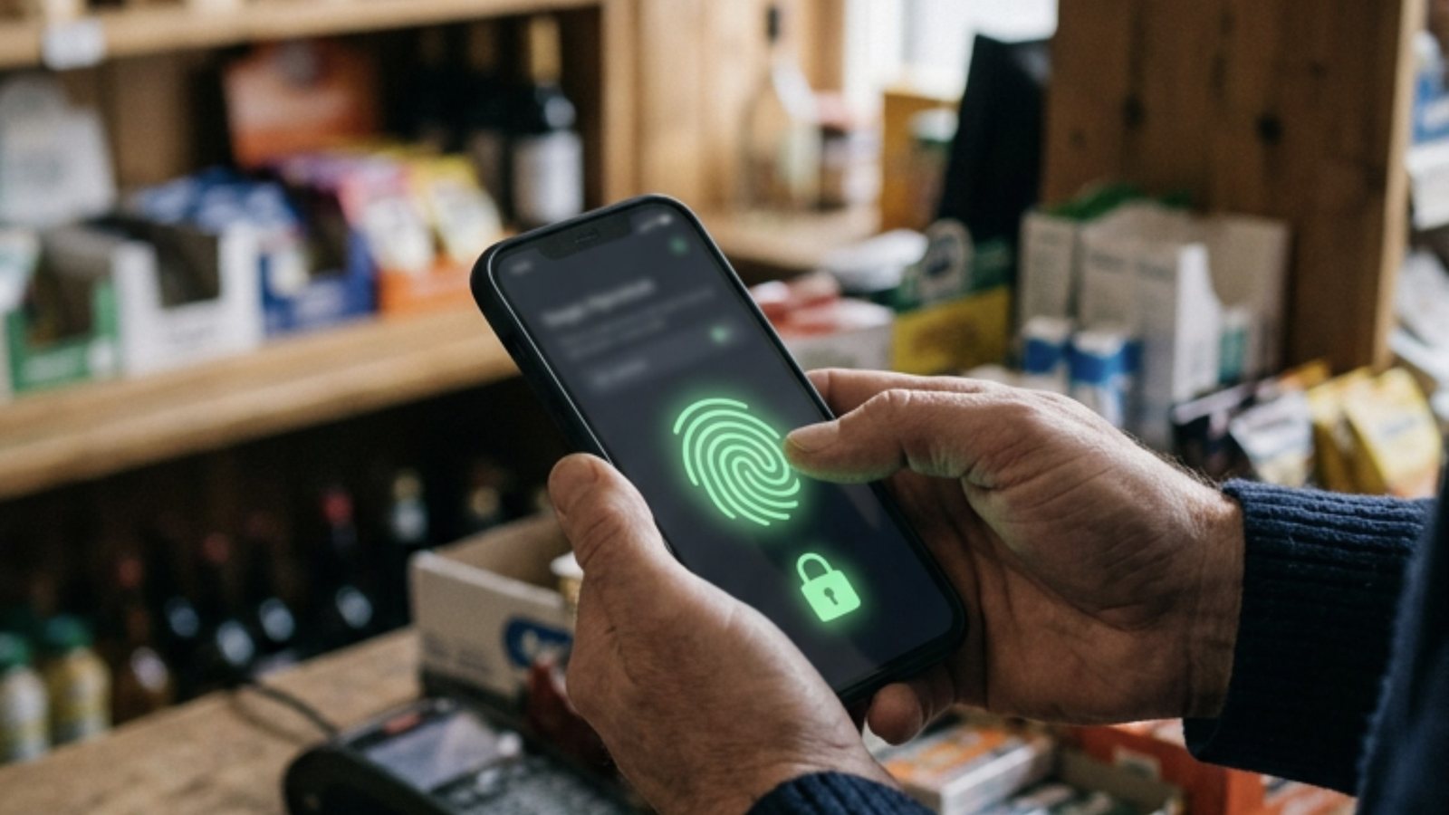 Mãos de um homem segurando o celular sobre o balcão de uma pequena loja numa manhã de domingo, com um símbolo de digital e um cadeado iluminados em verde na tela e prateleiras desfocadas ao fundo