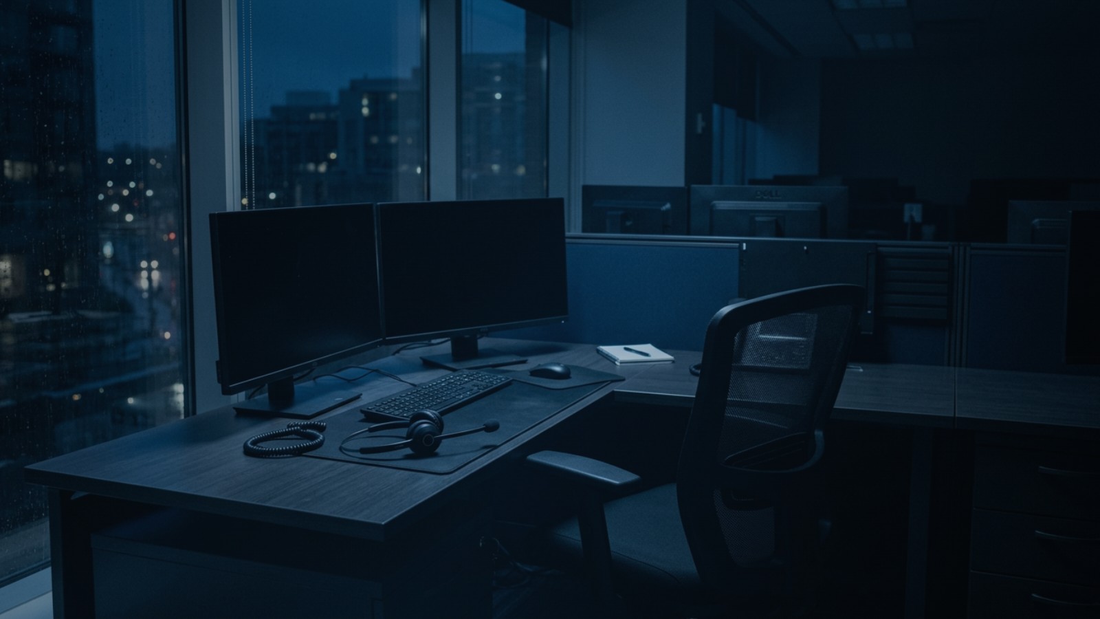 Estação de atendimento vazia à noite, com o headset sobre a mesa e os monitores desligados