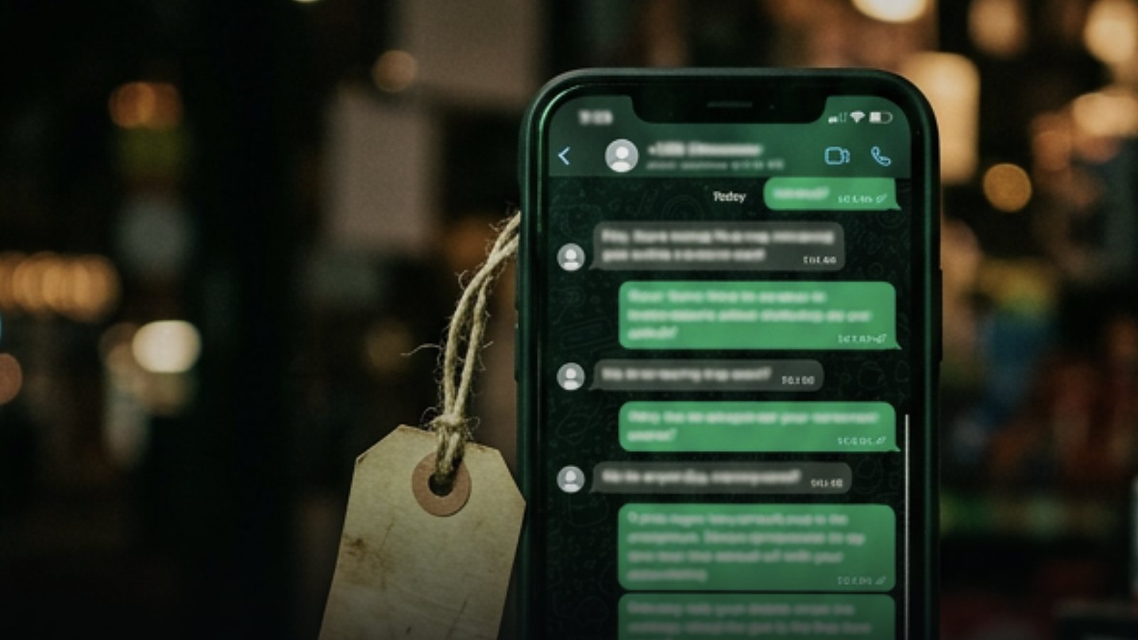 Celular com uma conversa de WhatsApp de balões verdes desfocados e uma etiqueta de preço de papel pardo amarrada por barbante, sobre um fundo escuro de luzes desfocadas